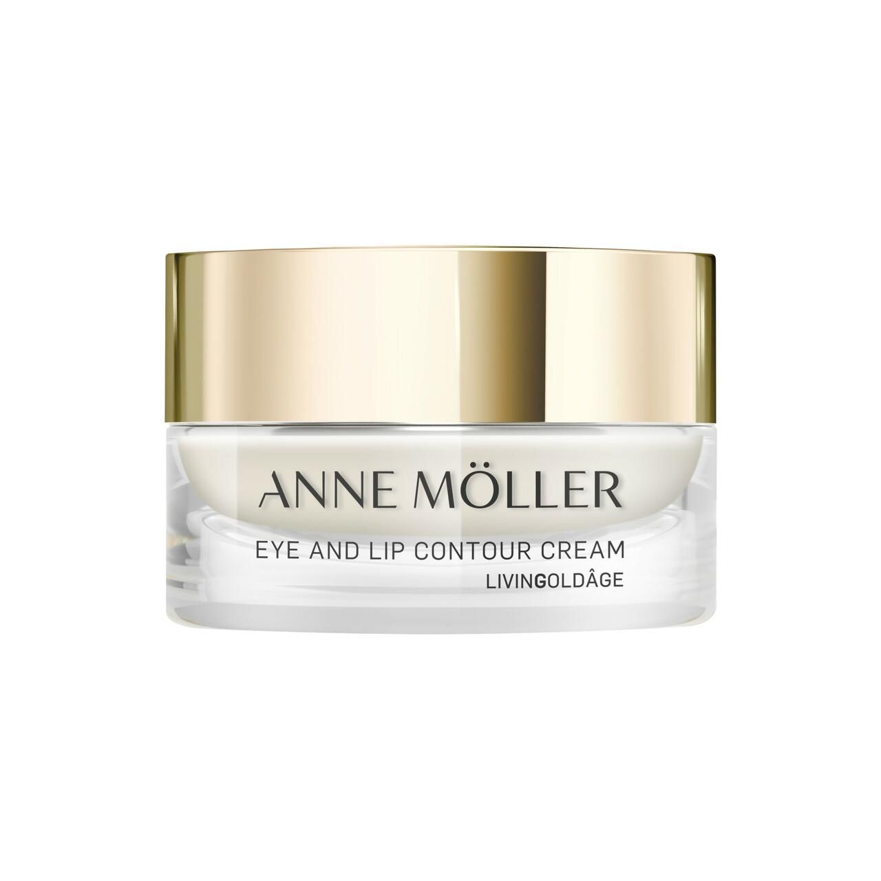 Creme-Tiegel mit goldfarbenem Deckel. Beschriftung: ANNE MÖLLER, EYE AND LIP CONTOUR CREAM, LIVINGOLDÂGE.