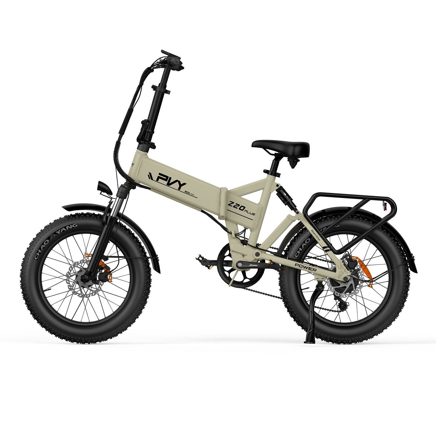 Beige E-Bike mit schwarzen Reifen und Gepäckträger. Auf dem Rahmen steht PVY Z20 Plus.