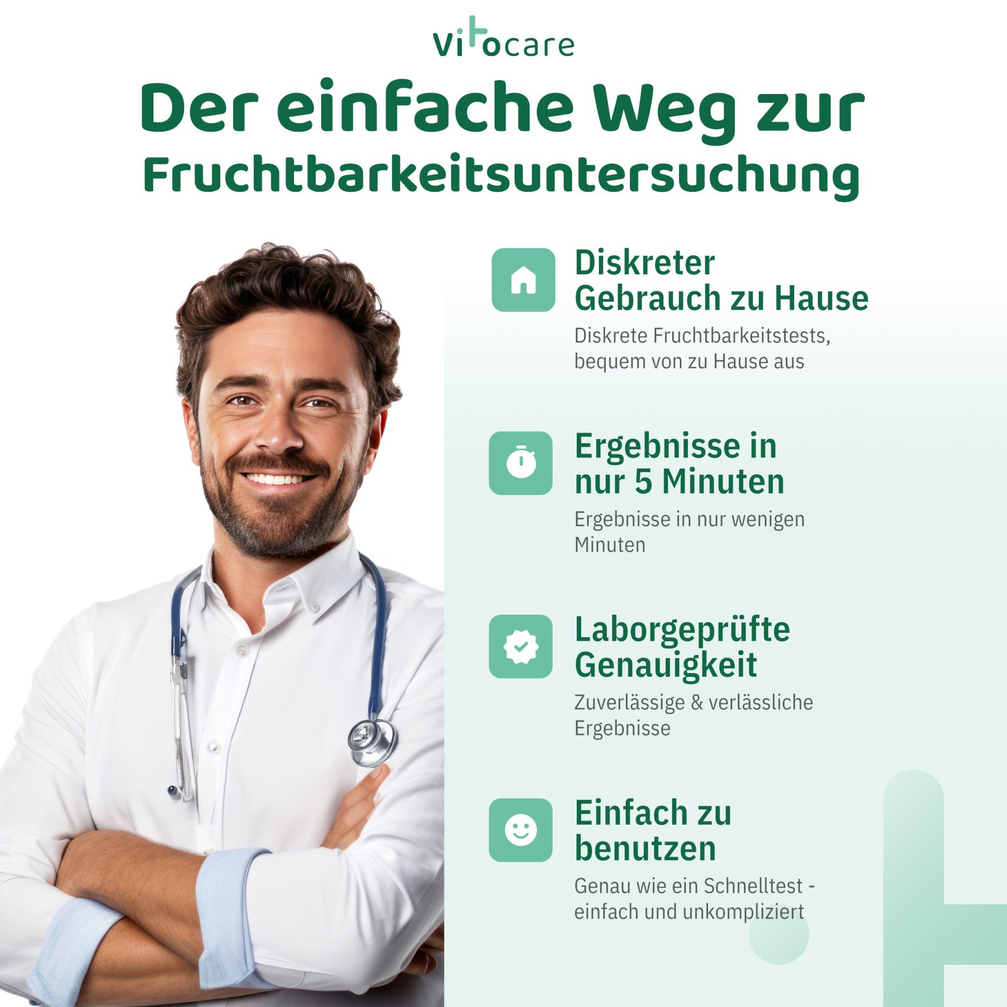 Arzt lächelt. Text: Der einfache Weg zur Fruchtbarkeitsuntersuchung. Diskreter Gebrauch zu Hause. Ergebnisse in nur 5 Minuten. Laborgeprüfte Genauigkeit.