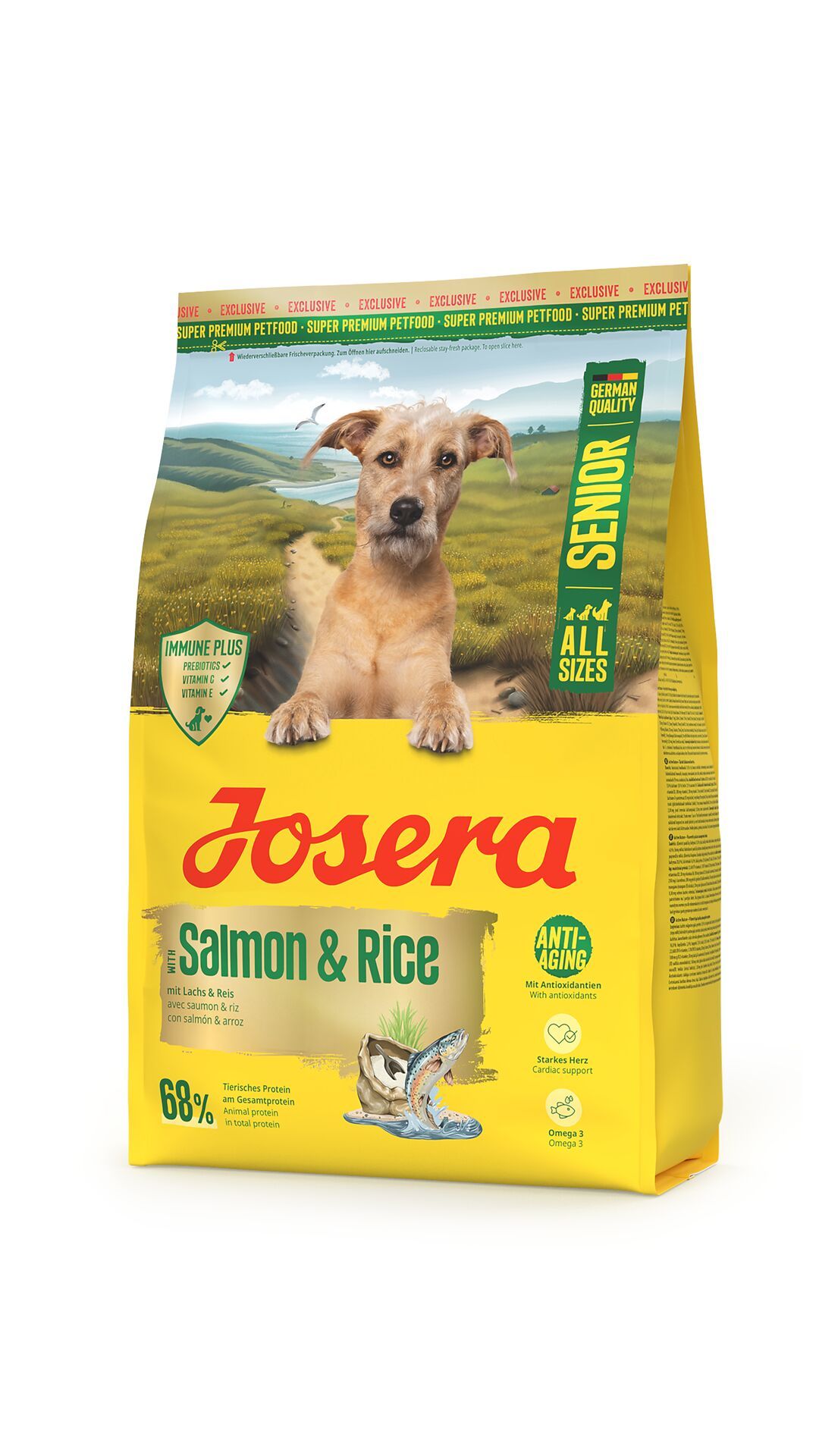Gelber Beutel mit JOSERA Senior Salmon & Rice. Abbildung eines Hundes. Text: Immune Plus, Anti-Aging, Omega 3.