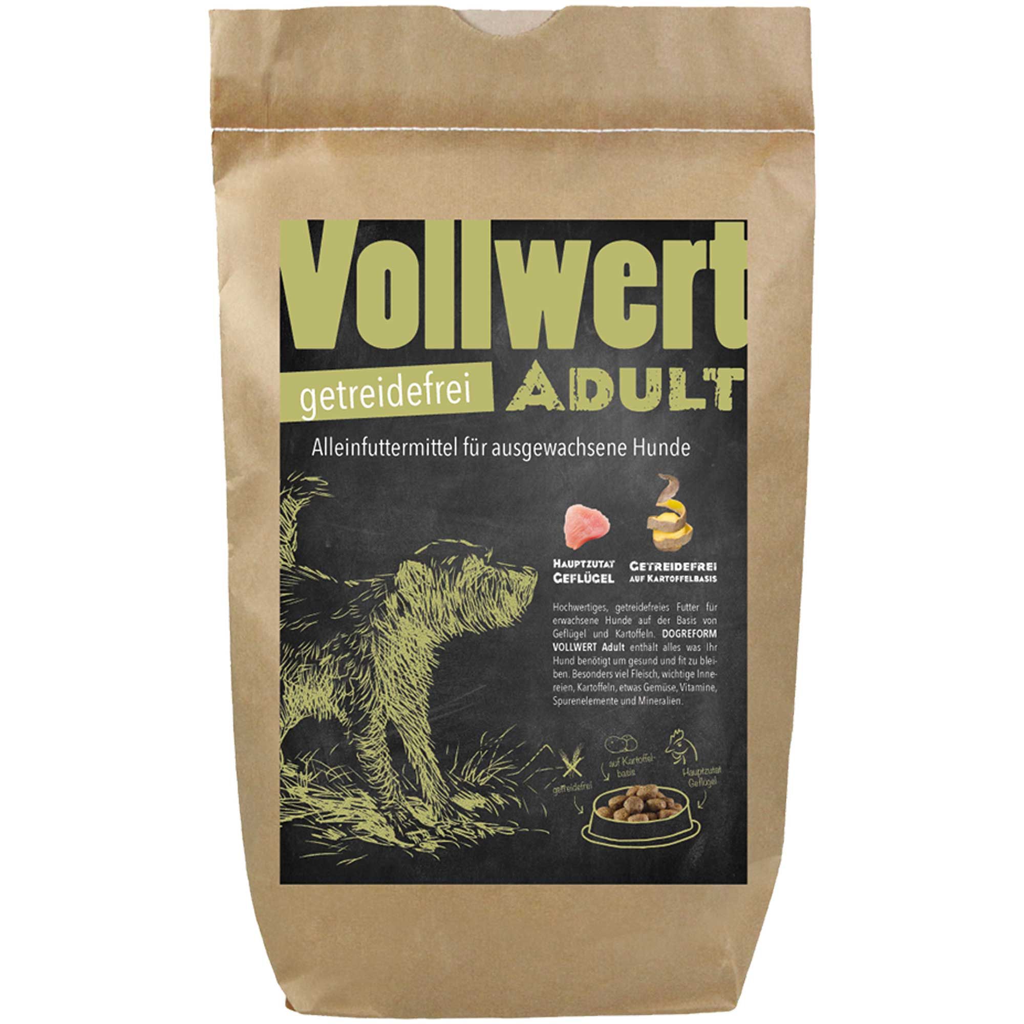 Braune Papiertüte mit Aufschrift "Vollwert Adult getreidefrei".