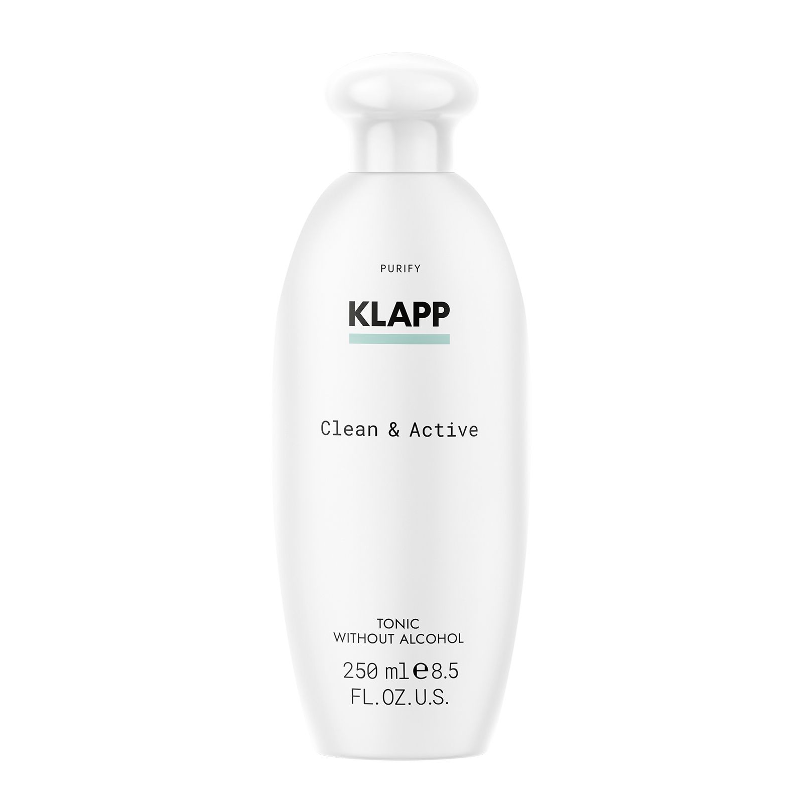 Weiße Flasche mit Schraubverschluss. Oben: Klapp Logo. Darunter: Clean & Active. Unten: Tonic Without Alcohol, 250 ml.
