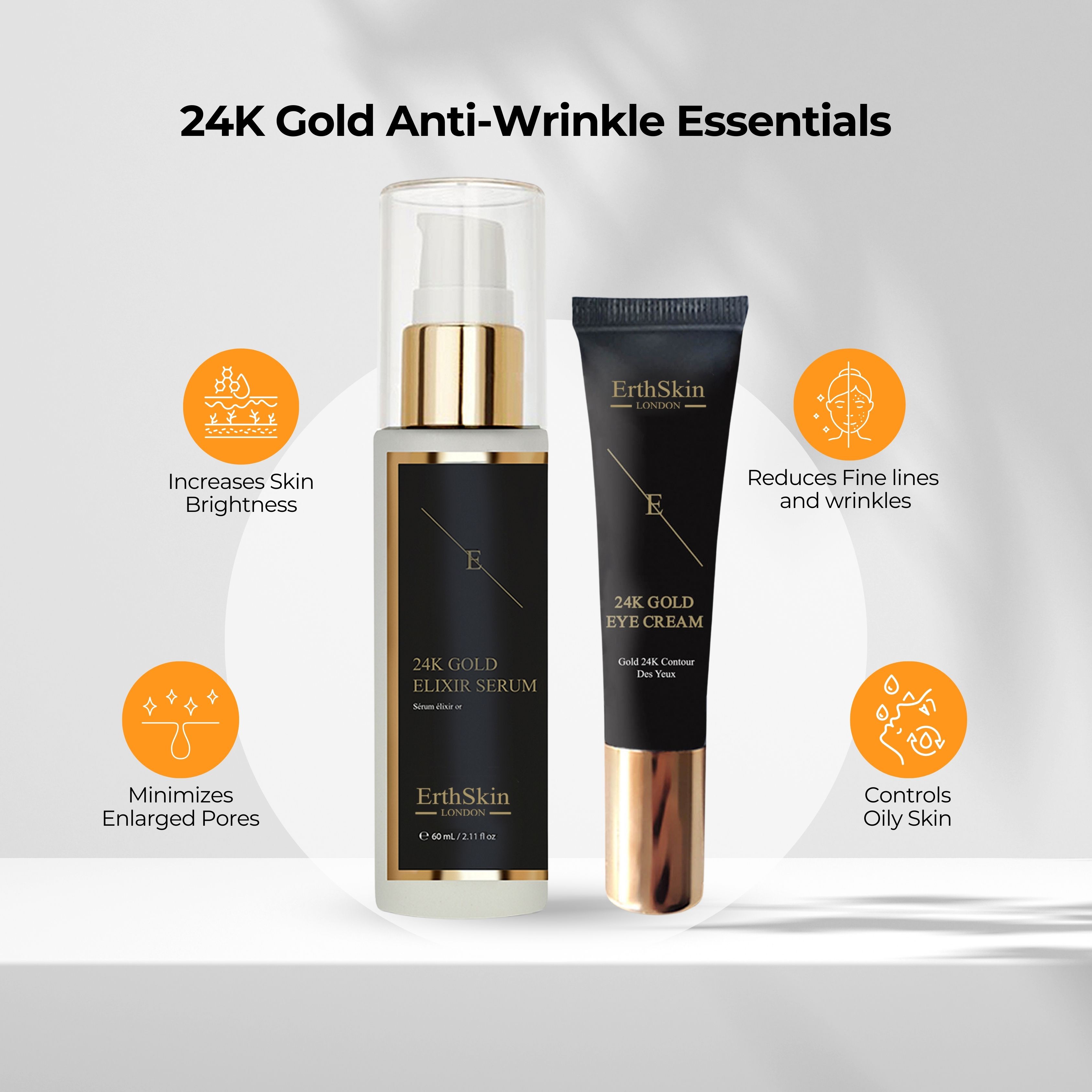 Serum- und Augencreme-Set. Flasche und Tube. Schwarze Etiketten, goldfarbener Text. Marke: ErthSkin London. Zusätzliche Icons.