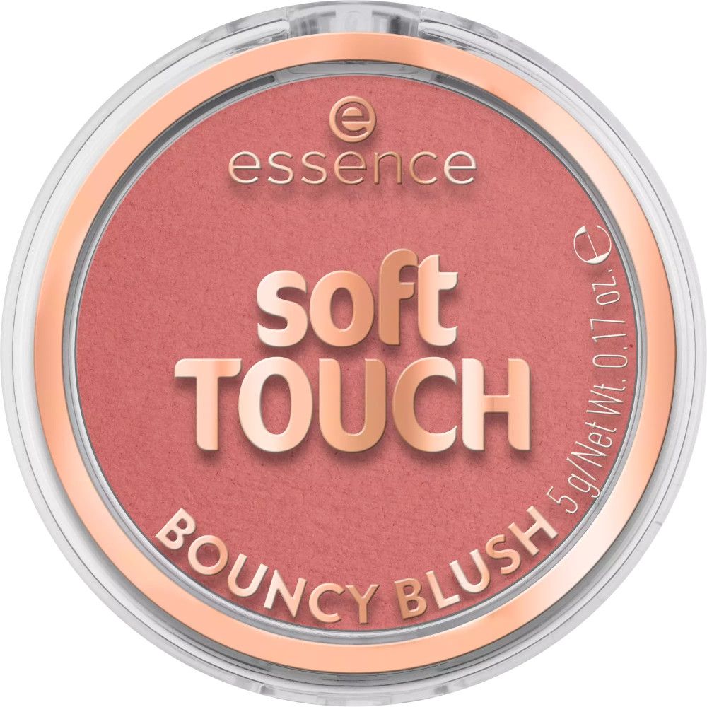 Runder Rouge-Tiegel mit rosafarbenem Inhalt. Auf dem Deckel steht "essence soft TOUCH BOUNCY BLUSH".