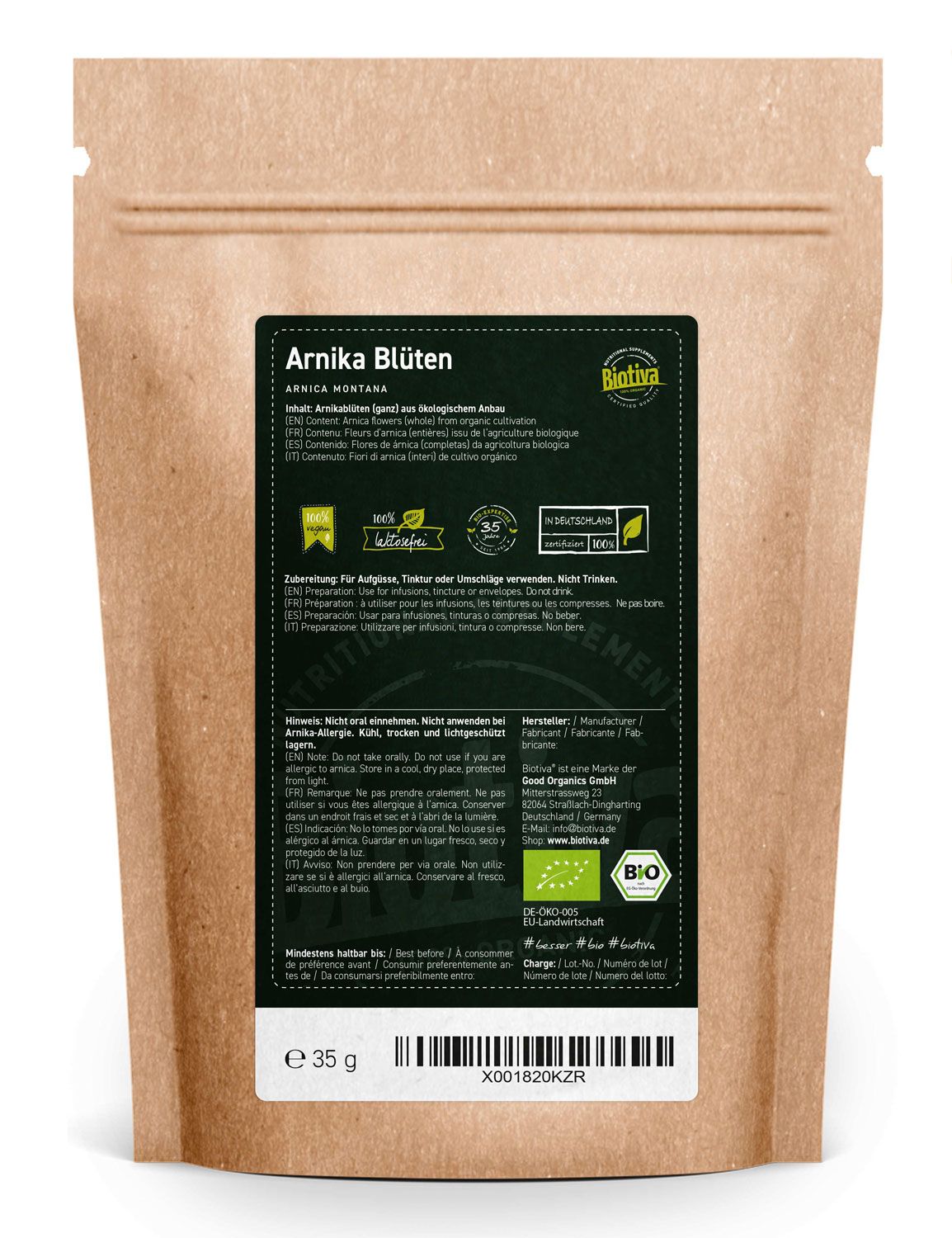 Rückseite der Papiertüte mit Etikett. Text: Arnika Blüten, Inhaltsstoffe, Bio-Siegel, Chargennummer, 35g.