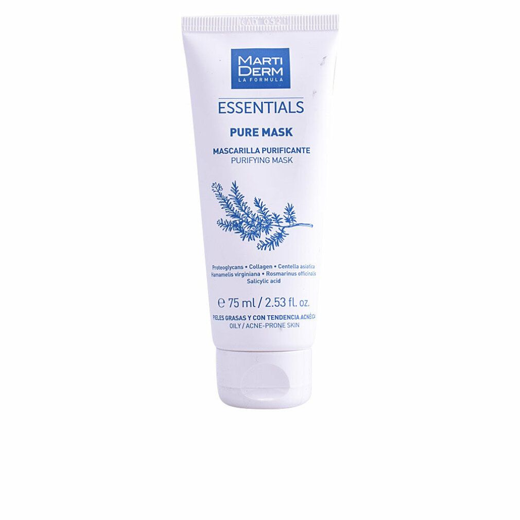 Weiße Tube mit blauer Aufschrift. Enthält Marti Derm Essentials Pure Mask. Volumen: 75 ml. Für fettige/akneanfällige Haut.