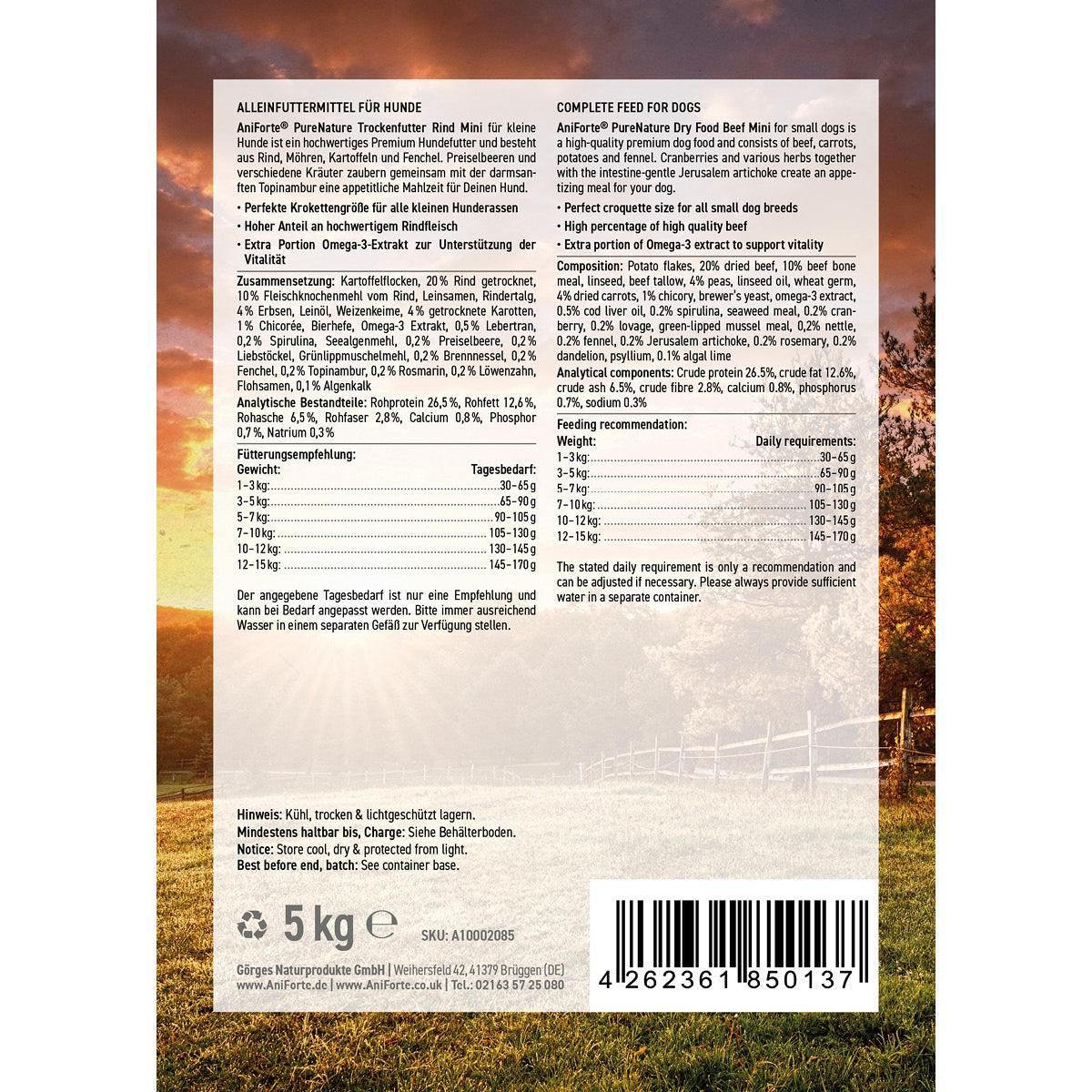 Rückseite der Verpackung Aniforte Trockenfutter Rind Mini. Text mit Inhaltsstoffen und Fütterungsempfehlung. Aufschrift: 5 kg.