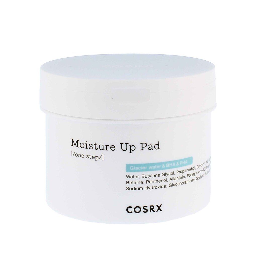 Weiße Dose mit 'MOISTURE UP PAD' und Inhaltsstoffen. COSRX Markenlogo.