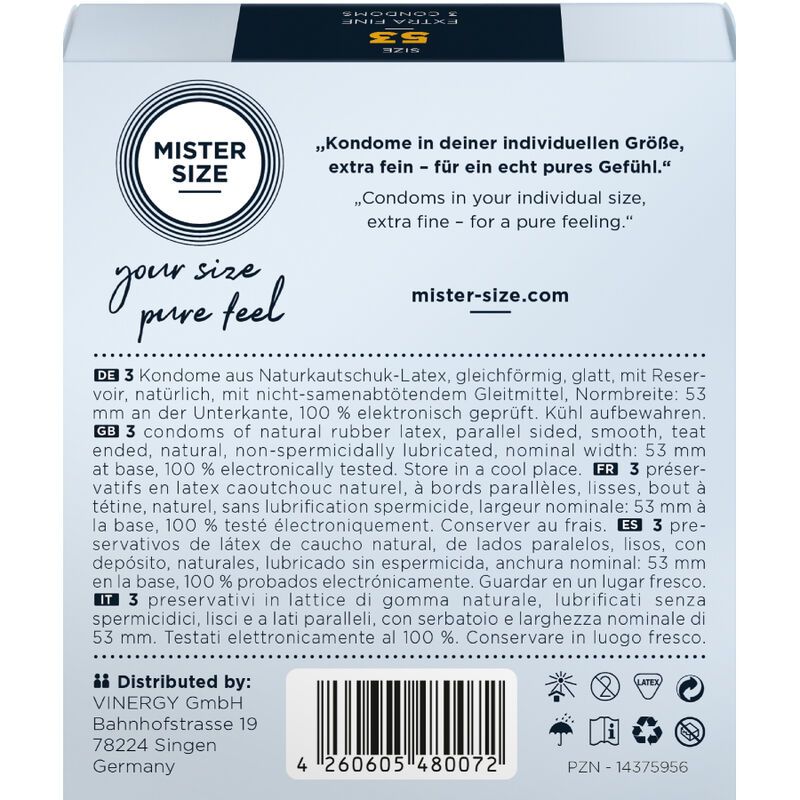 Rückseite der Kondomverpackung. Text in Deutsch, Englisch, Französisch, Italienisch und Spanisch. MISTER SIZE.