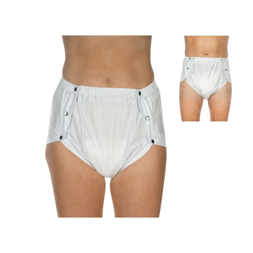 Weiße Inkontinenzhose mit seitlichen Knöpfen. Gezeigt von vorne und in einer Nahaufnahme.