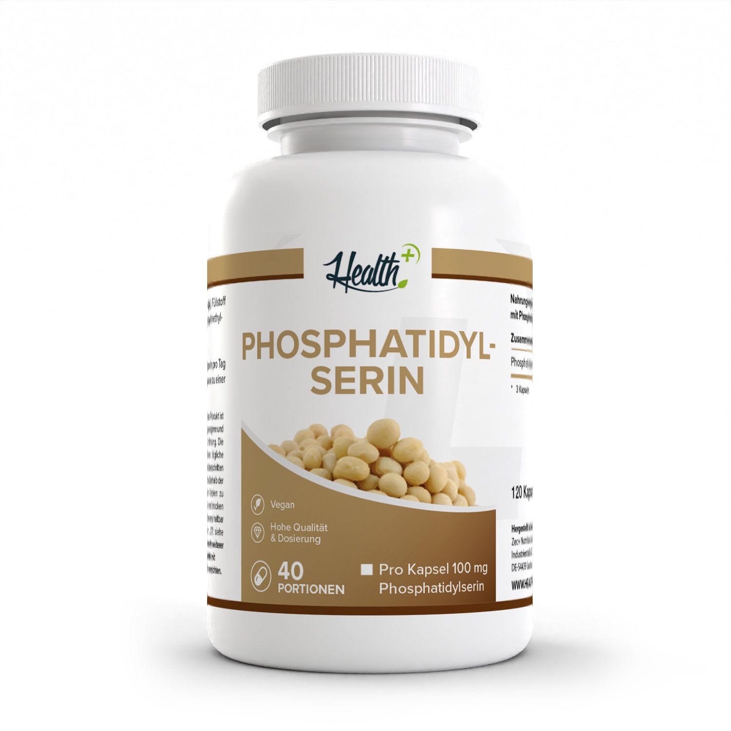 HEALTH+ Phosphatidylserin Kapseln: Weißer Behälter mit braunem Etikett, zeigt Sojabohnen und Produktinformationen.