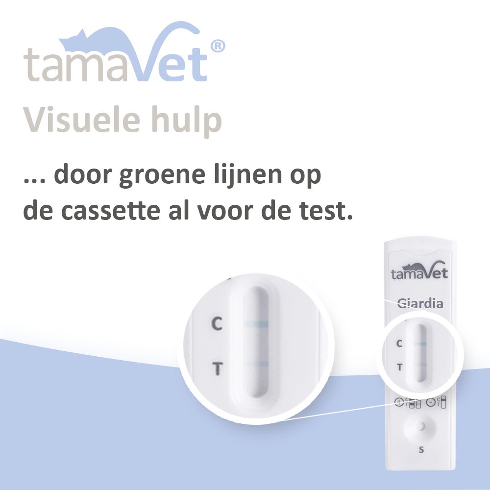 Teststrip met groene lijn. Tekst: Visuele hulp door groene lijnen op de cassette al voor de test.