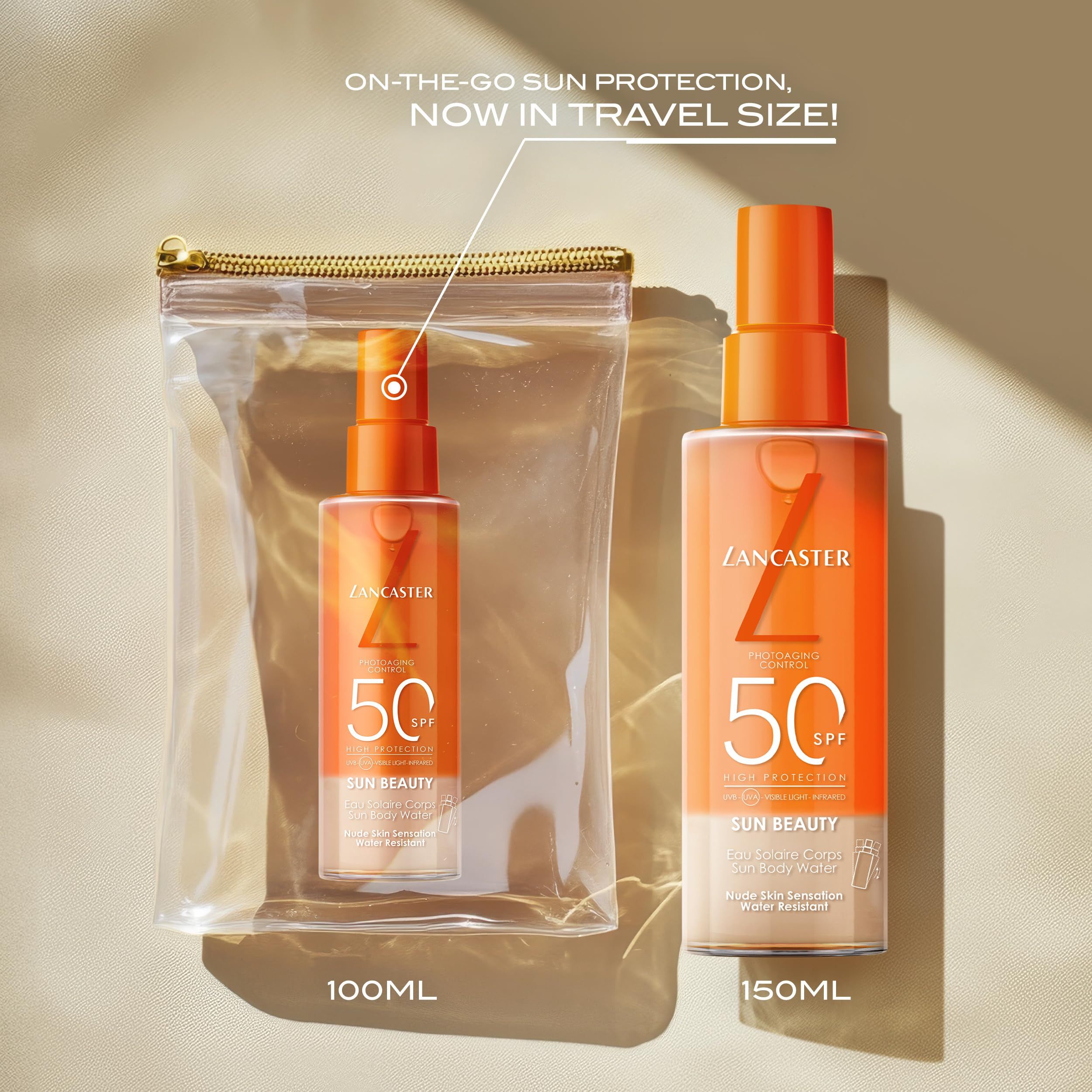 Lancaster Sun Beauty Sonnenwasser Körper SPF50 in Reisegröße (100ml) und Standardgröße (150ml).