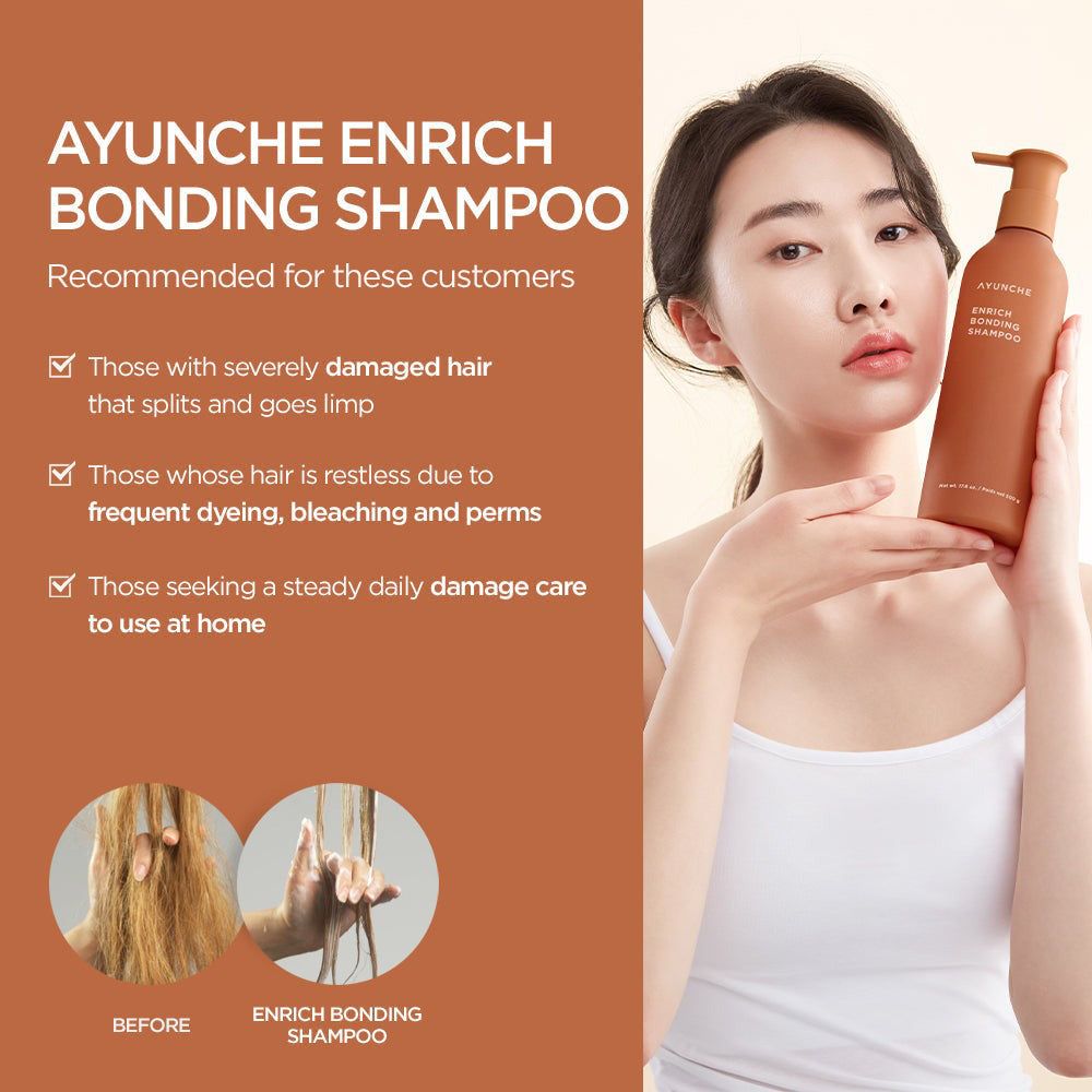 Frau hält AYUNCHE Enrich Bonding Shampoo Flakon. Text beschreibt Empfehlungen und Vorher/Nachher-Bilder.