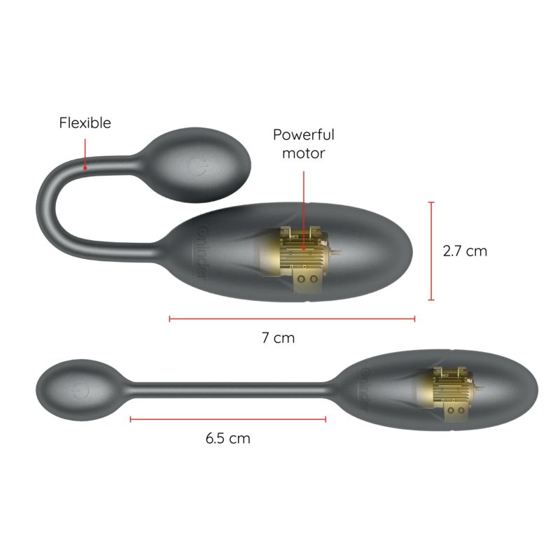Graues Ei mit Maßen. Flexible Form, 7 cm lang, 2,7 cm breit. Leistungsstarker Motor sichtbar.