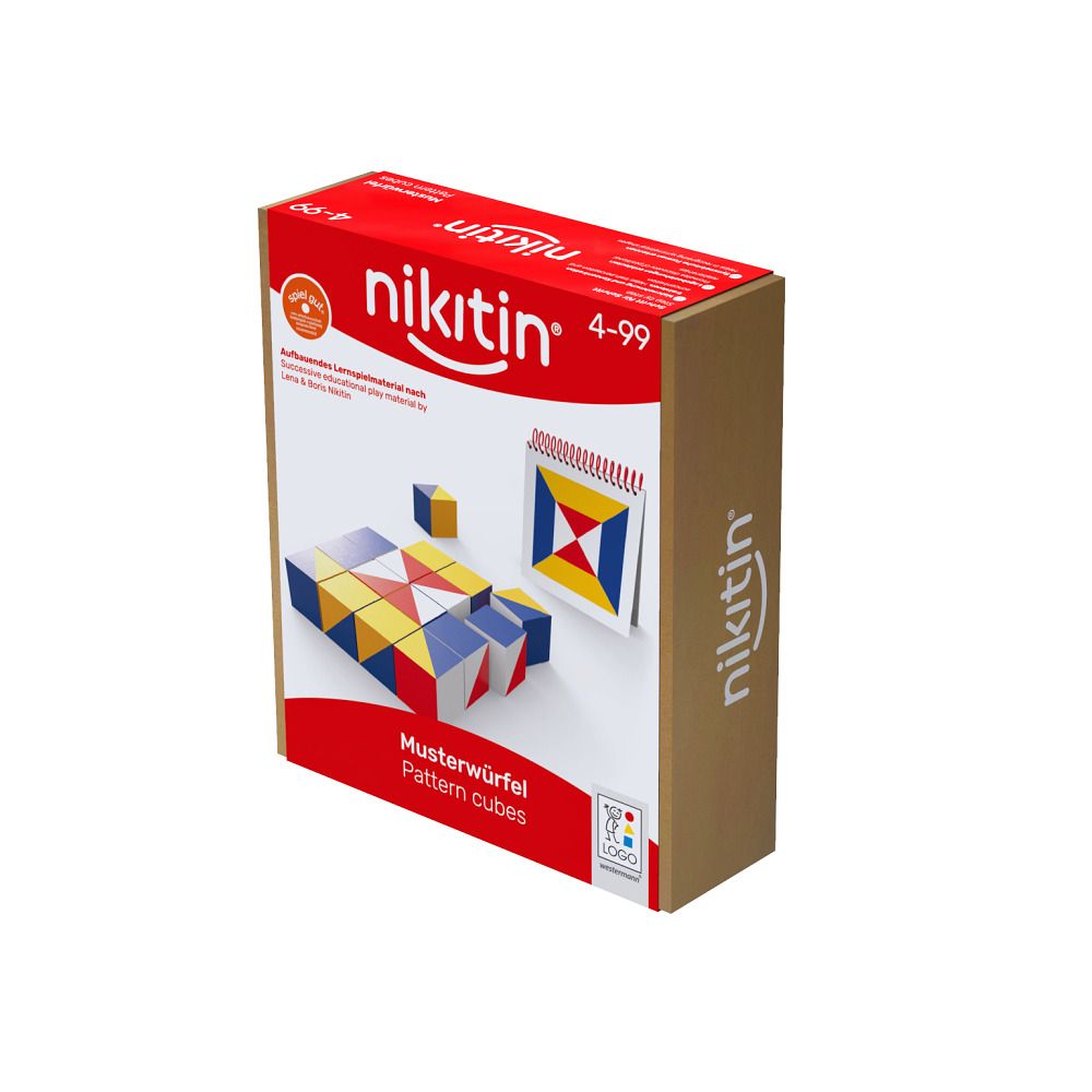 Verpackung von Nikitin Lernspiel Musterwürfel. Roter Karton mit Produktbild, Logo und Text. Enthält Würfel und Vorlagen.