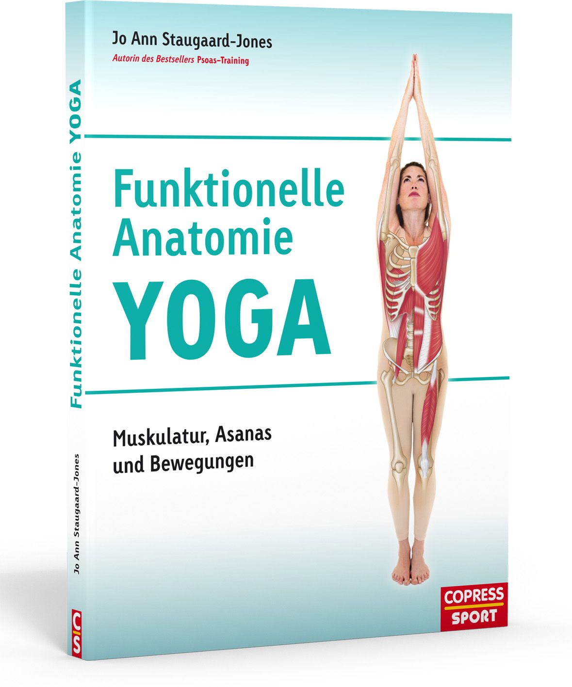 Buch "Funktionelle Anatomie Yoga". Cover mit Titel, Autorin und Abbildung eines menschlichen Skeletts. Verlag: Copress.