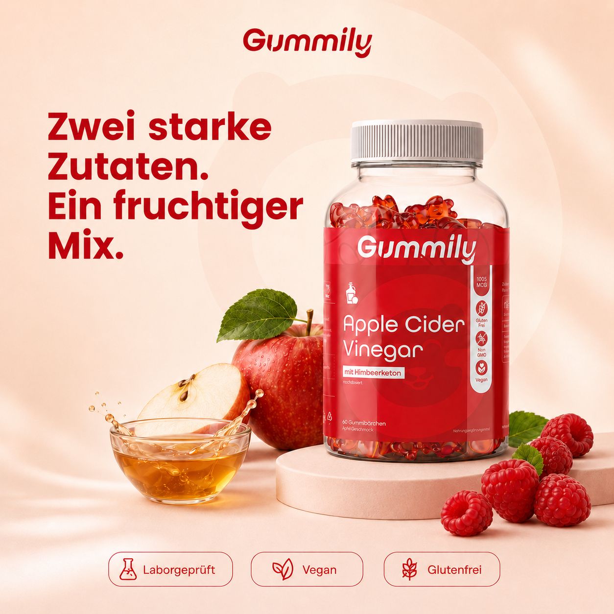 Gummily Apfelessig Gummibärchen mit Apfel und Himbeeren.