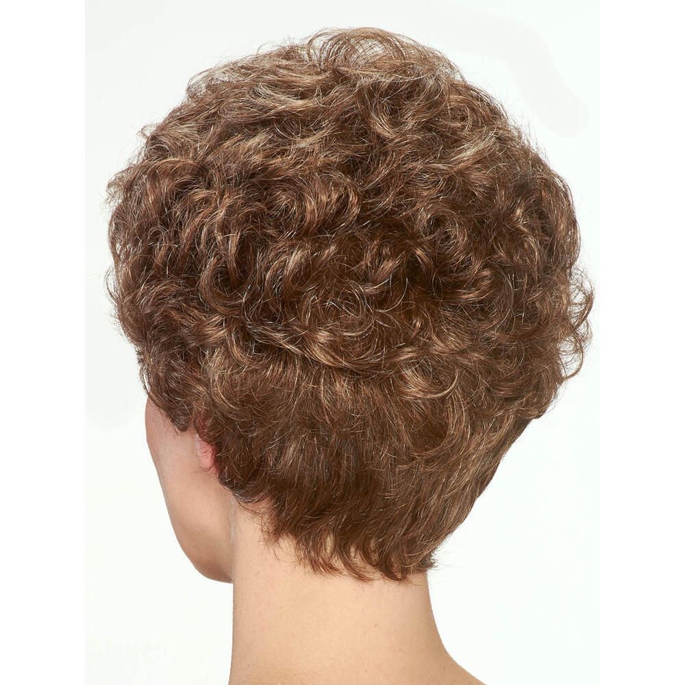 Perücke mit lockigem Haar, dunkelbraun. Rückansicht.