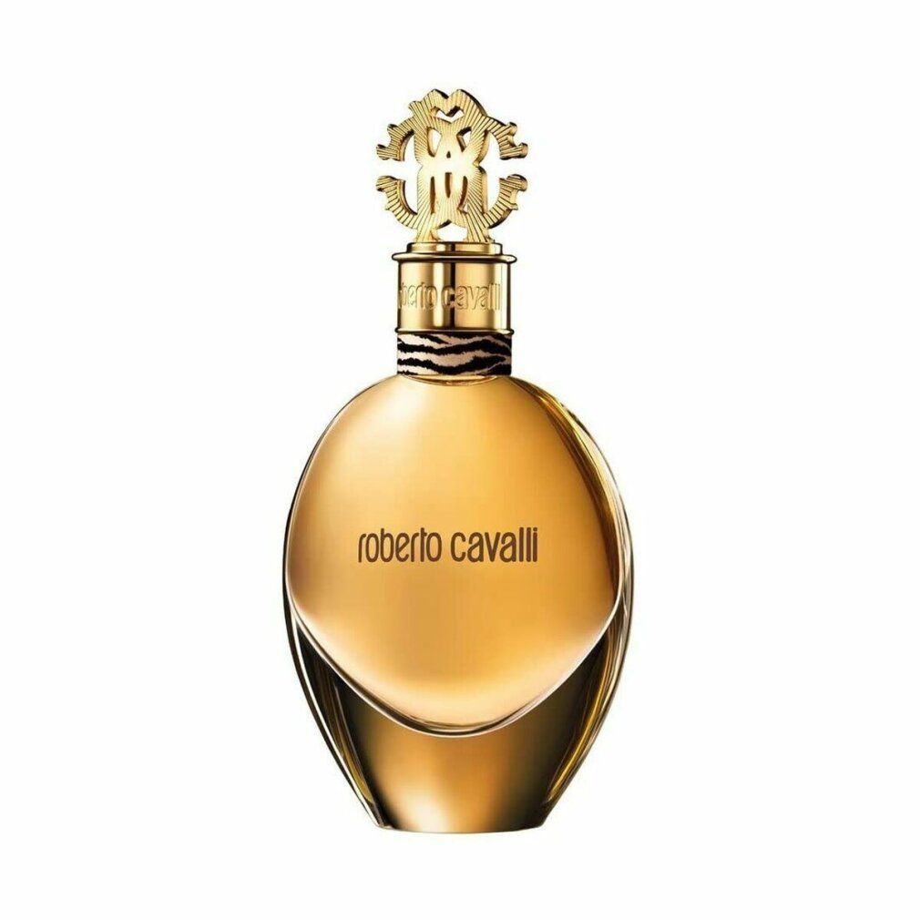 Roberto Cavalli Eau de Parfum Flakon. Goldfarbenes Design.