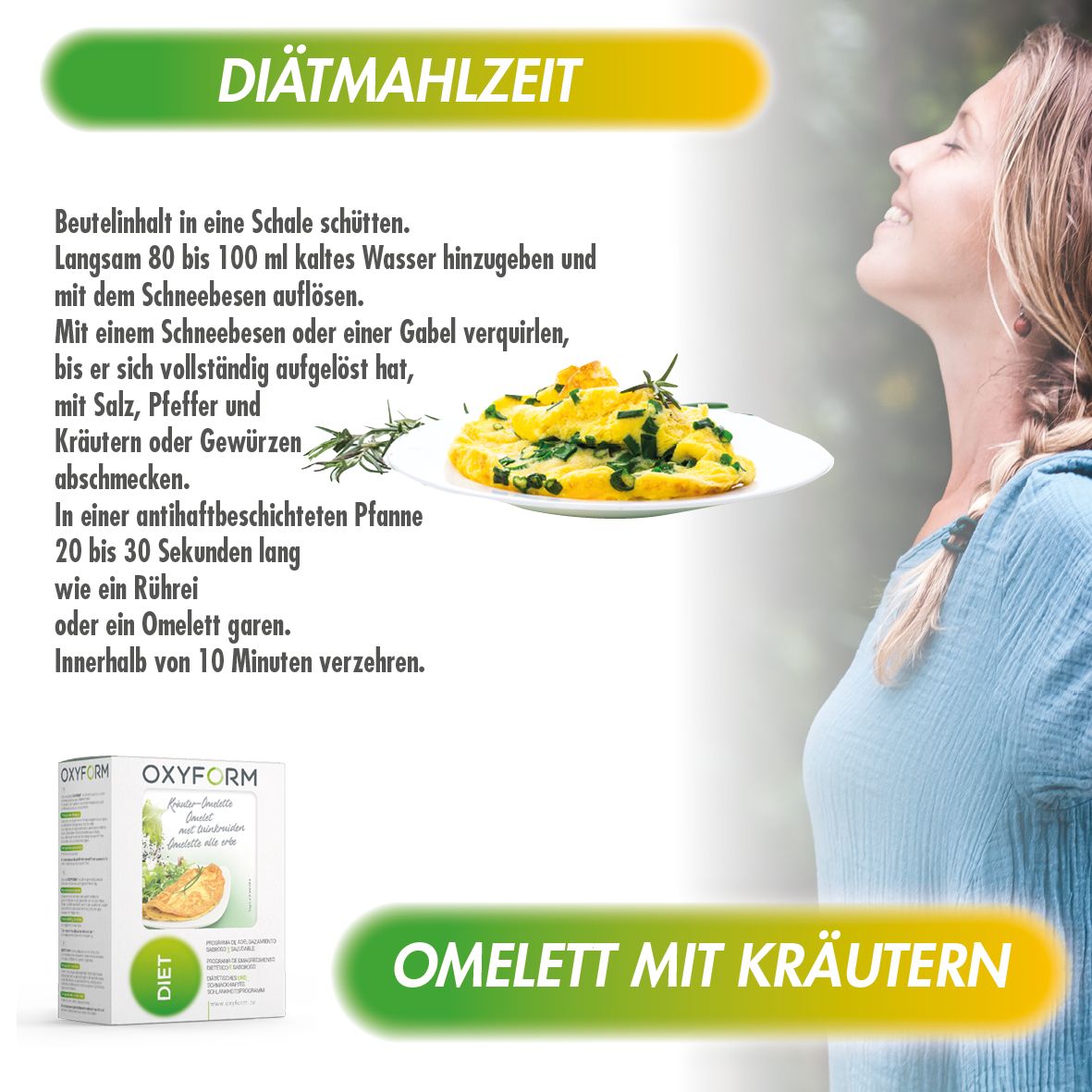 Frau neben Teller mit Omelett. Text: "Omelett mit Kräutern". Kleines Oxyform-Produktbild.
