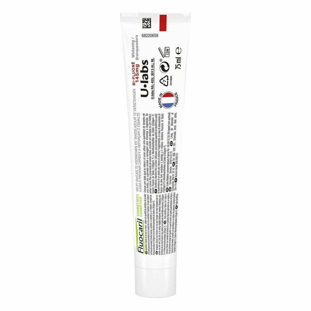 Fluocaril Bi-Fluor Zahnpasta-Tube, Vorderseite mit Informationen.