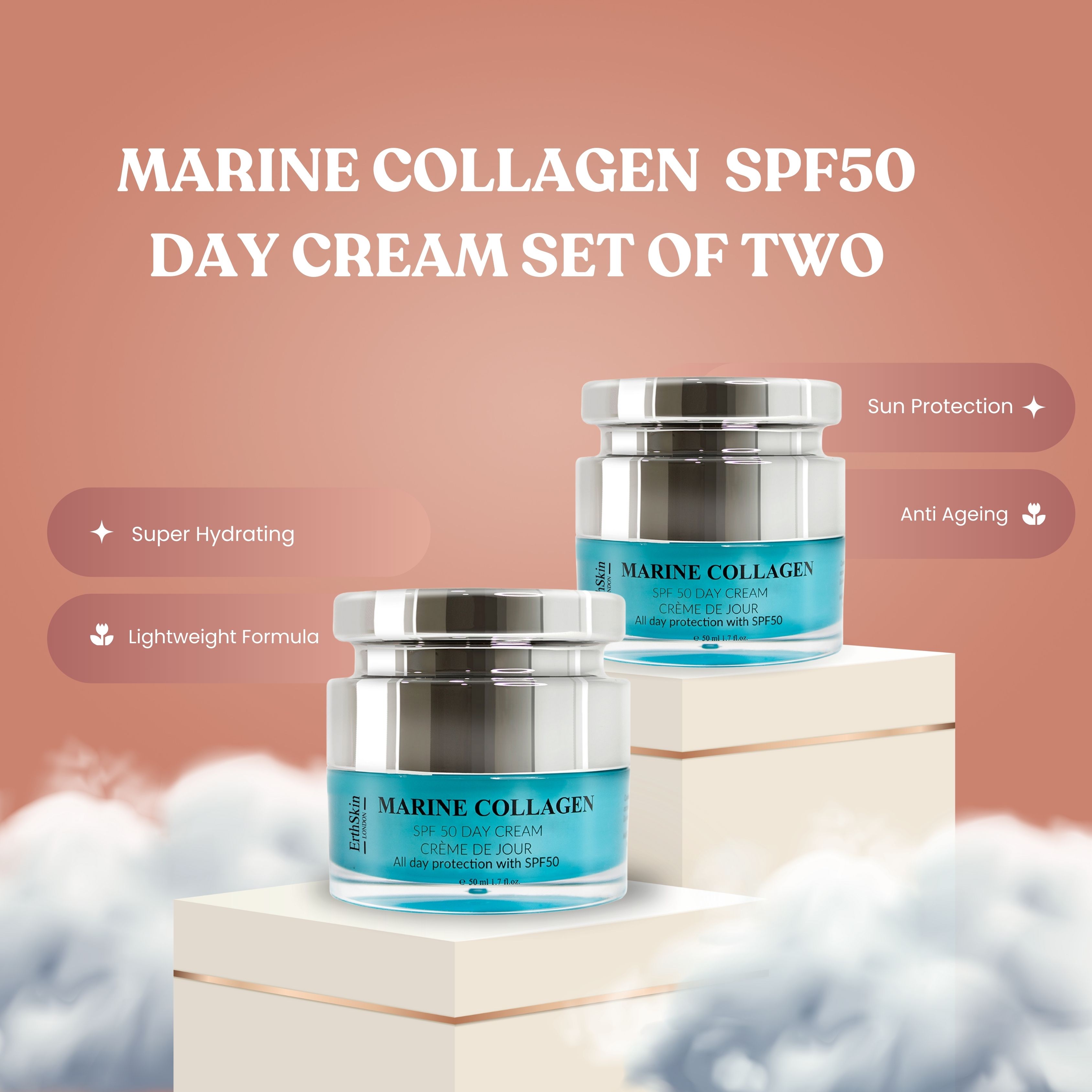 Zwei Tiegel Marine Collagen SPF50 Day Cream auf Podest. Text: Super Hydrating, Lightweight Formula, Sun Protection, Anti-Aging.