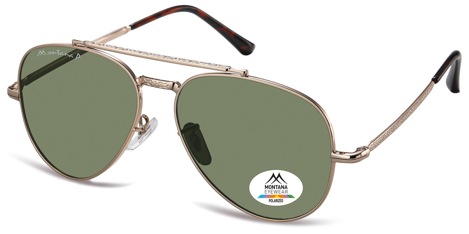 Sonnenbrille mit goldfarbenem Gestell und grünen Gläsern. Aviator-Form. Montana Eyewear Logo und Polarized-Aufkleber. Bügel braun.