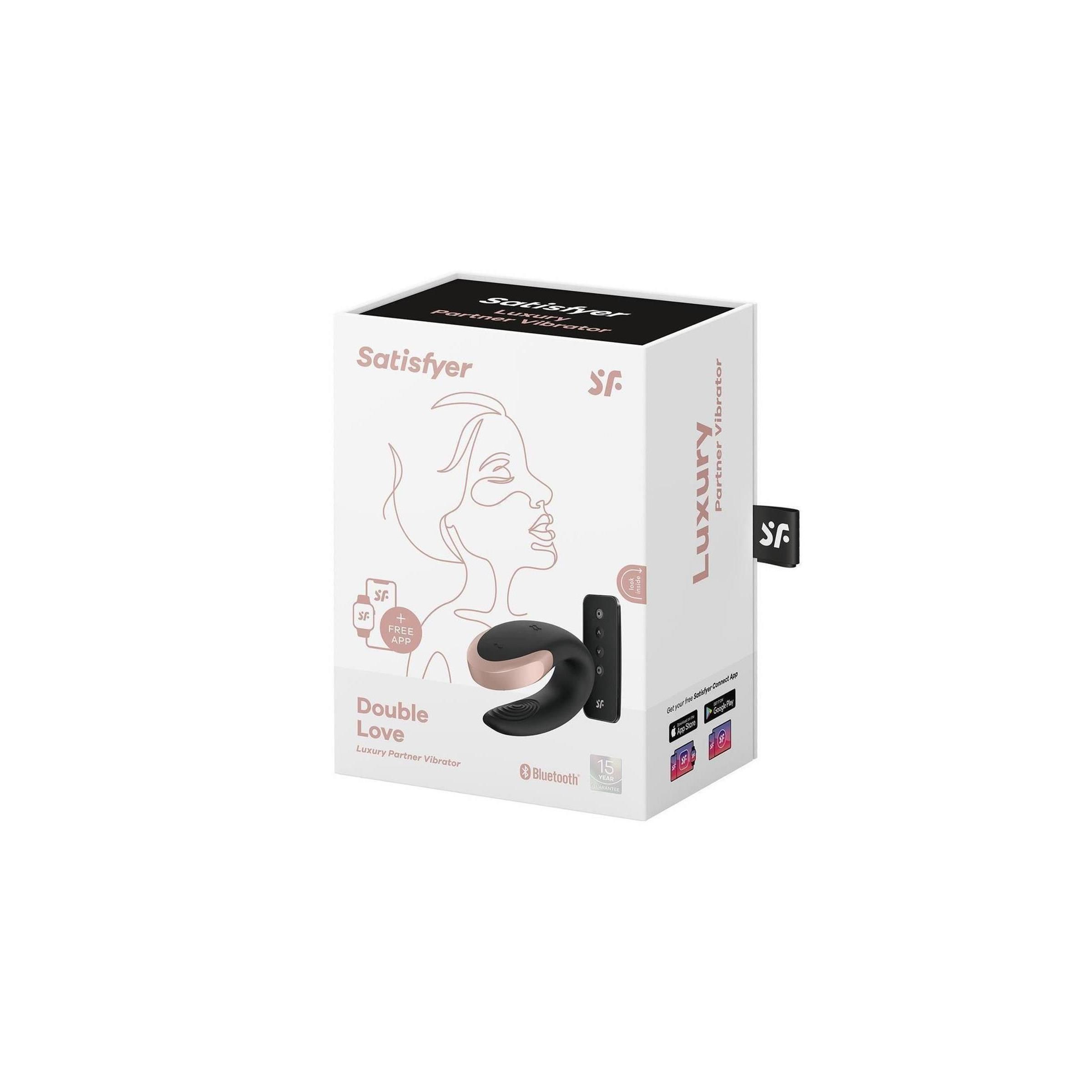 Verpackung von Satisfyer Double Love. Weißer Karton mit Produktabbildung und Logo. Bluetooth-Logo.
