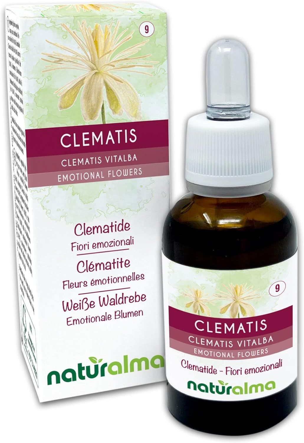Braune Glasflasche und Schachtel. Aufschrift: CLEMATIS, Clematis vitalba, Emotionale Blumen. Marke: naturalma.