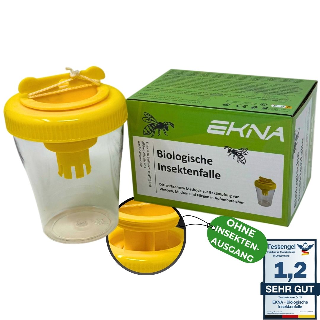 Transparente Insektenfalle mit gelbem Deckel und gelber Box. Box mit Logo und Text. Siegel "Sehr Gut".