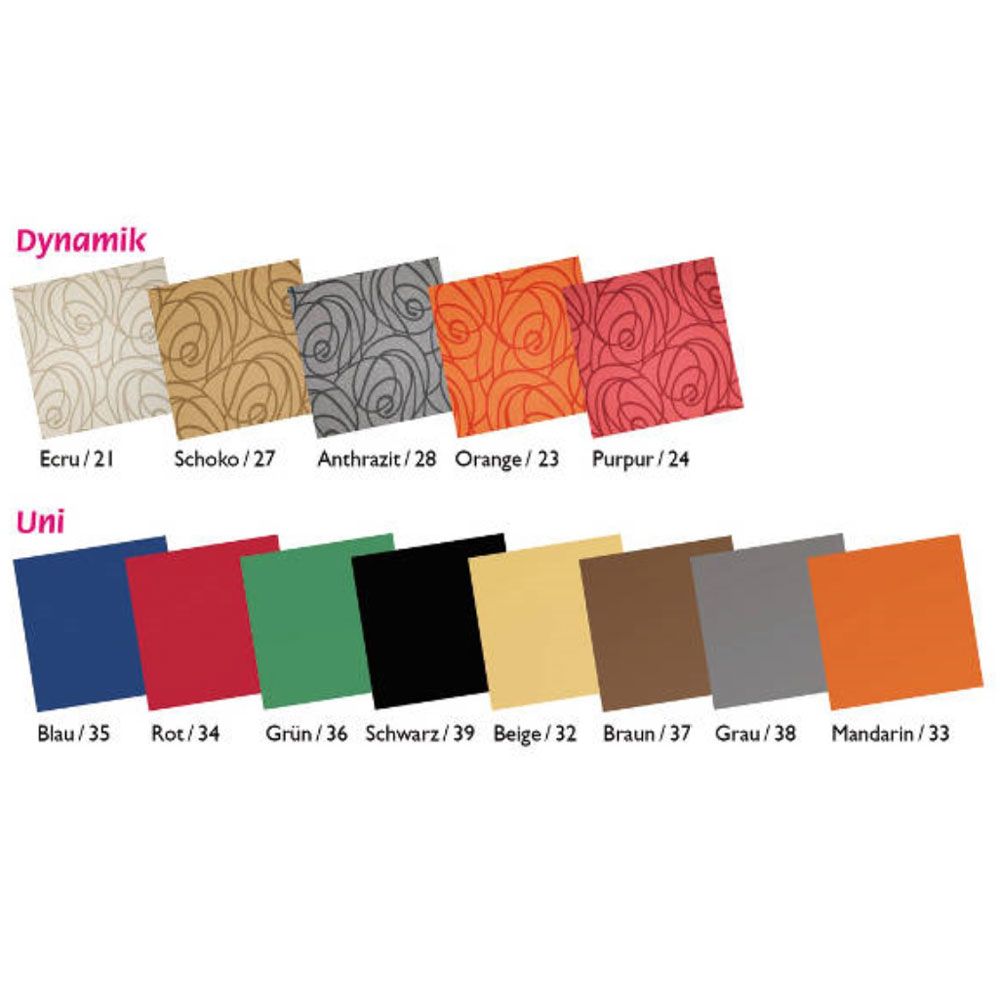 Farbpalette mit Keilkissen-Mustern. Oben: Dynamik-Muster. Unten: Uni-Farben. Farbnamen und Nummern.
