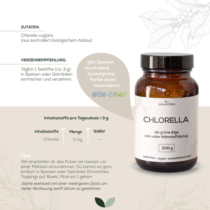 Werbetafel mit Produktabbildung. Braune Glasflasche mit "Chlorella". Text: "die grüne Alge mit voller Nährstoffdichte". 200g. Informationen zu Inhaltsstoffen und Verzehrempfehlung.