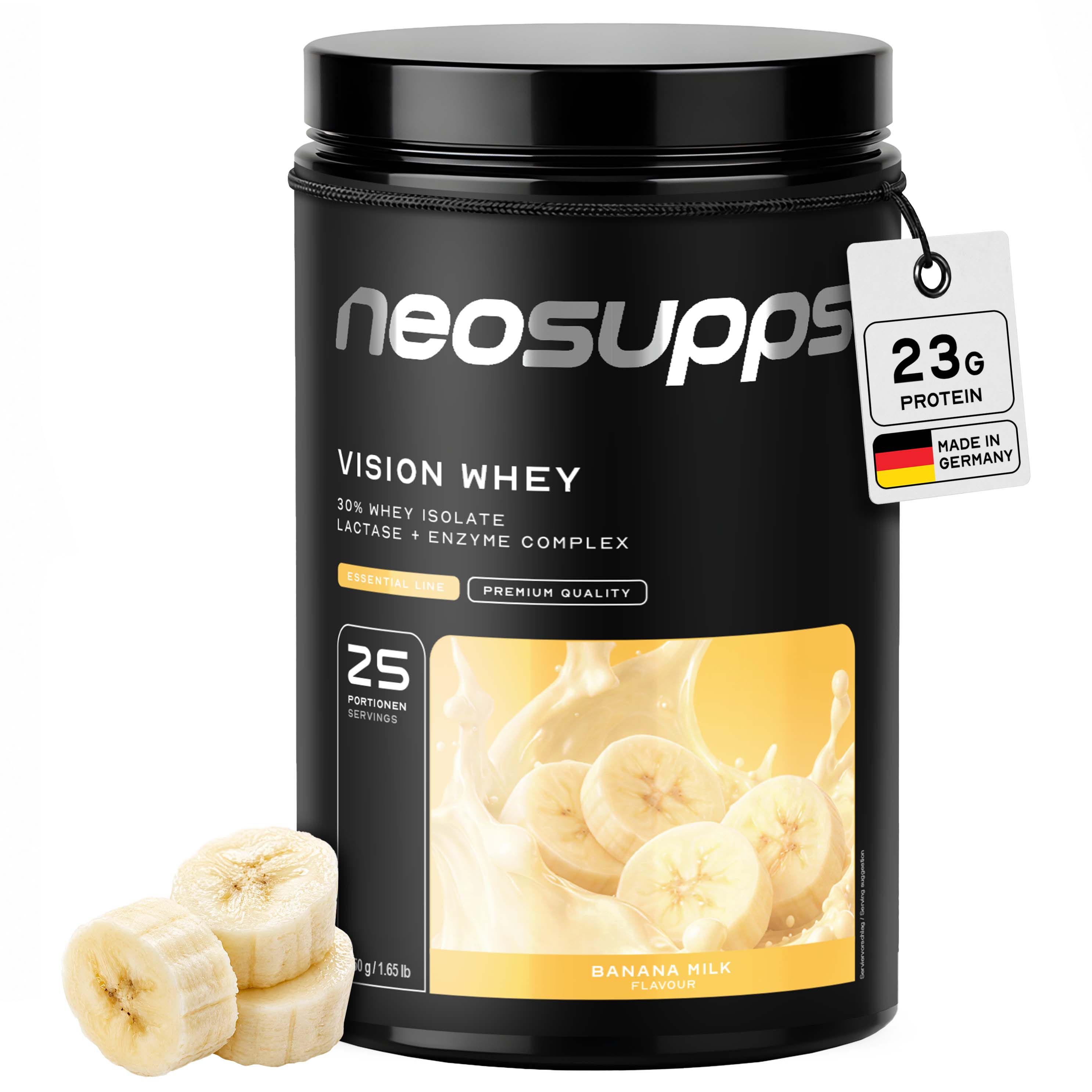 Neosupps Vision Whey Protein Banana Milk Dose mit Bananenscheiben und Spritzern.