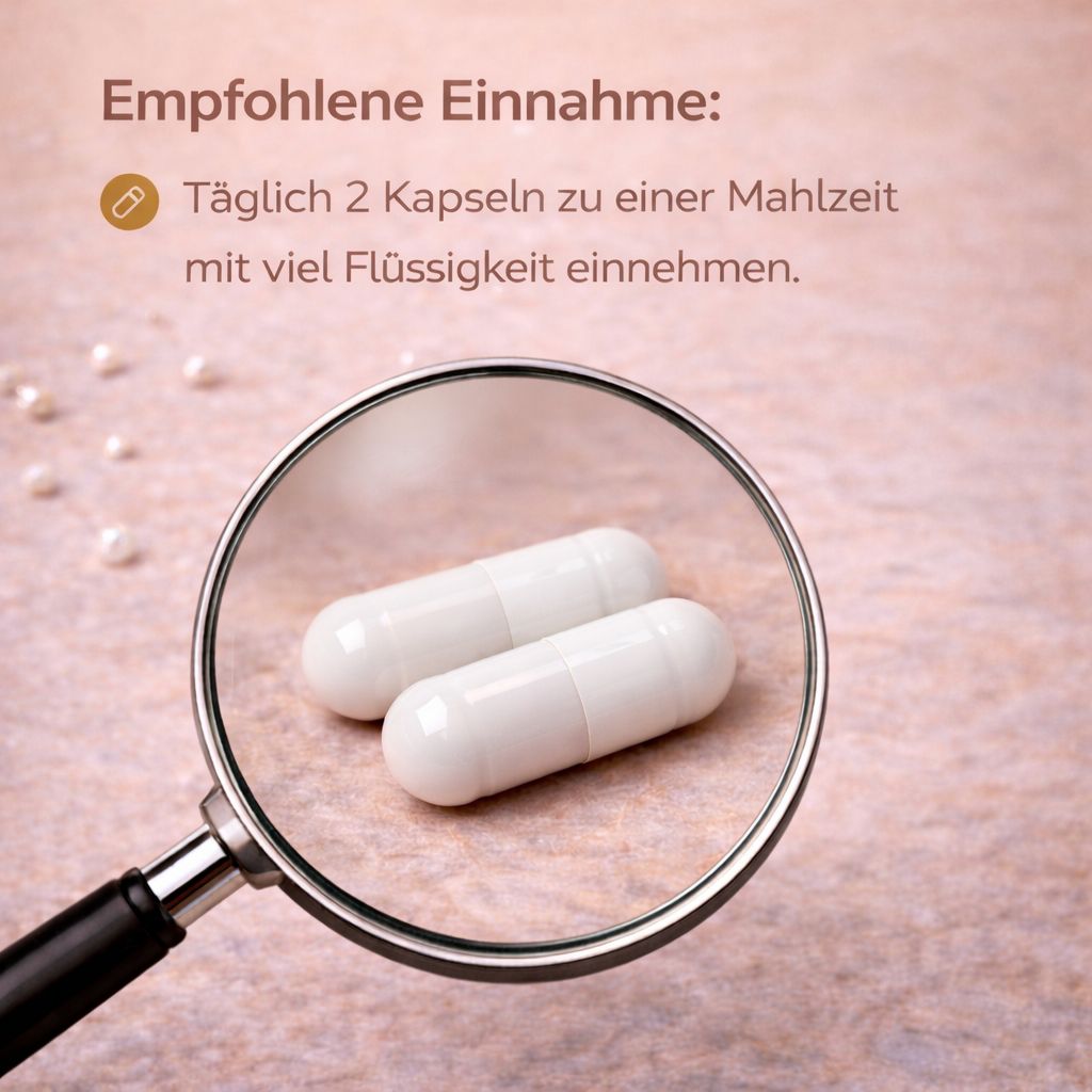 Zwei weiße Kapseln unter einer Lupe. Text: Täglich 2 Kapseln zu einer Mahlzeit mit viel Flüssigkeit einnehmen.