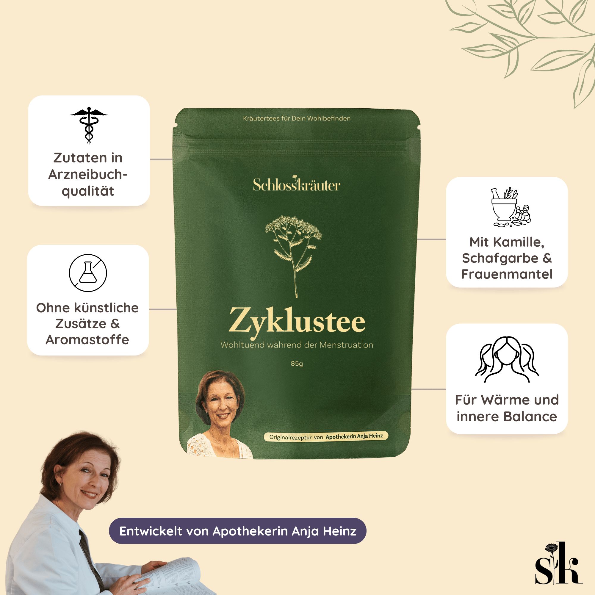Grüne Verpackung mit Schlosskräuter Zyklustee. Zusätze in Arzneibuchqualität, ohne künstliche Zusätze, mit Kamille, Schafgarbe & Frauenmantel.