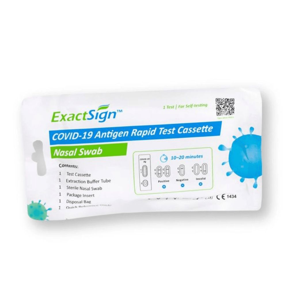 Verpackung des ExactSign Covid-19 Antigen Schnelltests. Enthält Testkassette, Tupfer, Puffer und Anleitungen. Mit CE-Kennzeichnung.