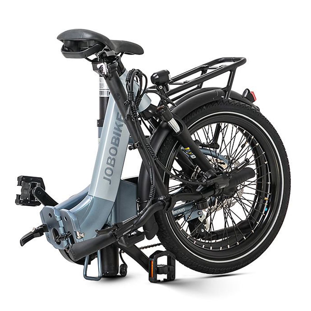 Gefaltetes JOBOBIKE Ace Pro E-Bike, hellgrau. Schwarze Reifen, Gepäckträger, Sattel und Lenker. JOBOBIKE-Schriftzug.