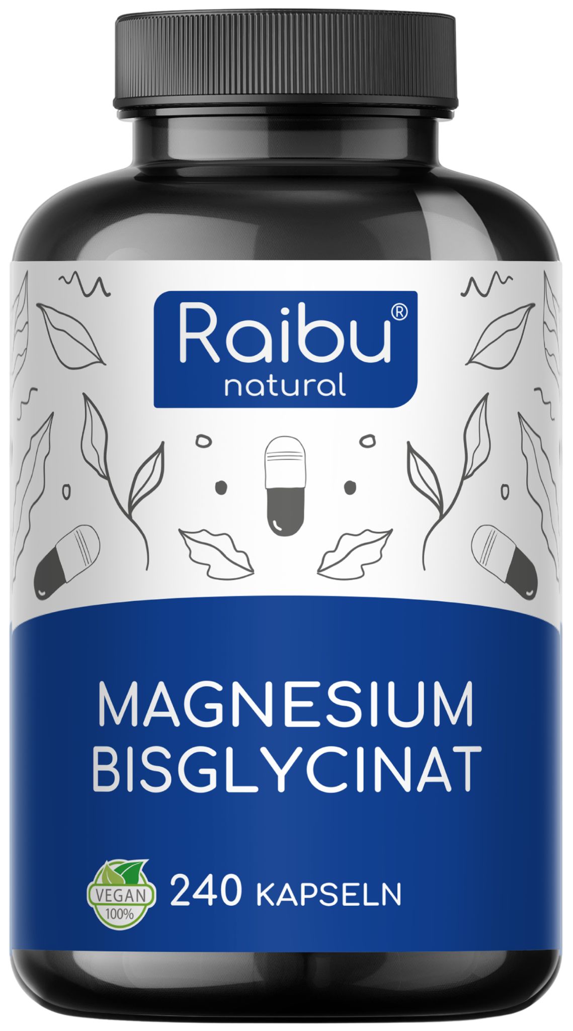 Magnesiumbisglycinat-Kapseln in einer schwarzen Flasche. 240 Kapseln. Vegan-Siegel.
