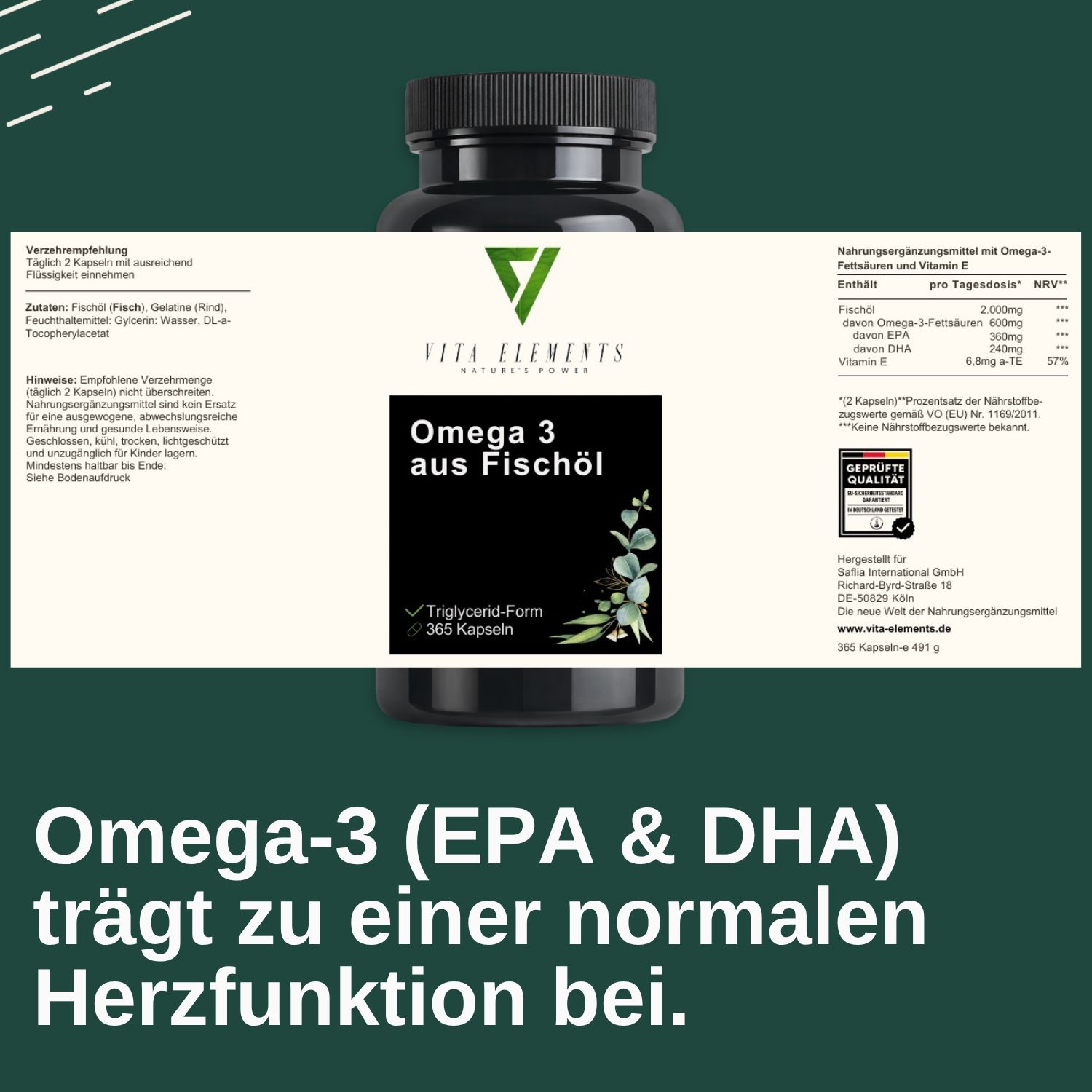 Etikett der Dose: Vita Elements Omega 3 aus Fischöl, 365 Kapseln, Triglycerid-Form.