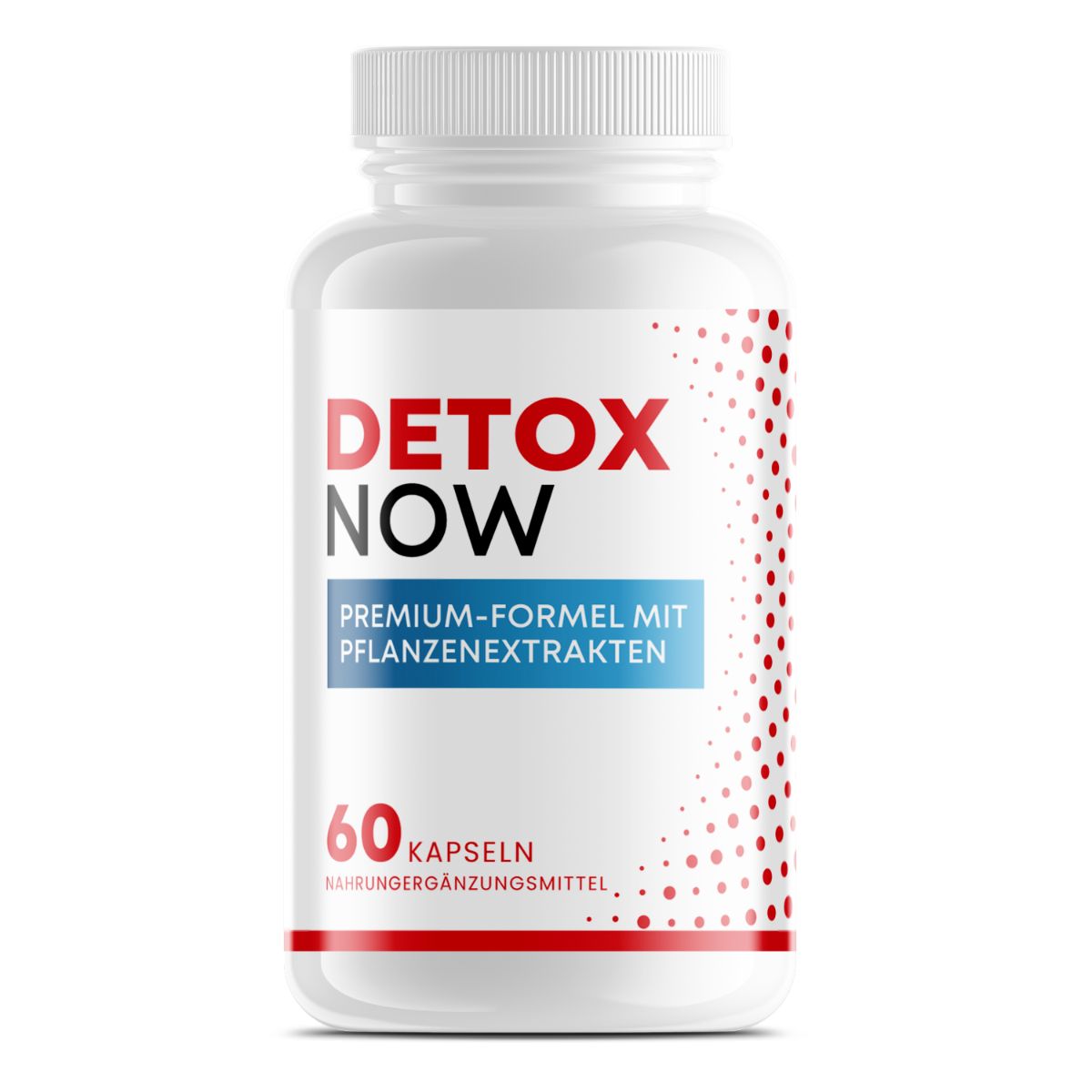 Weiße Flasche mit rotem und blauem Etikett. Aufschrift: Detox Now, Premium-Formel mit Pflanzenextrakten, 60 Kapseln.