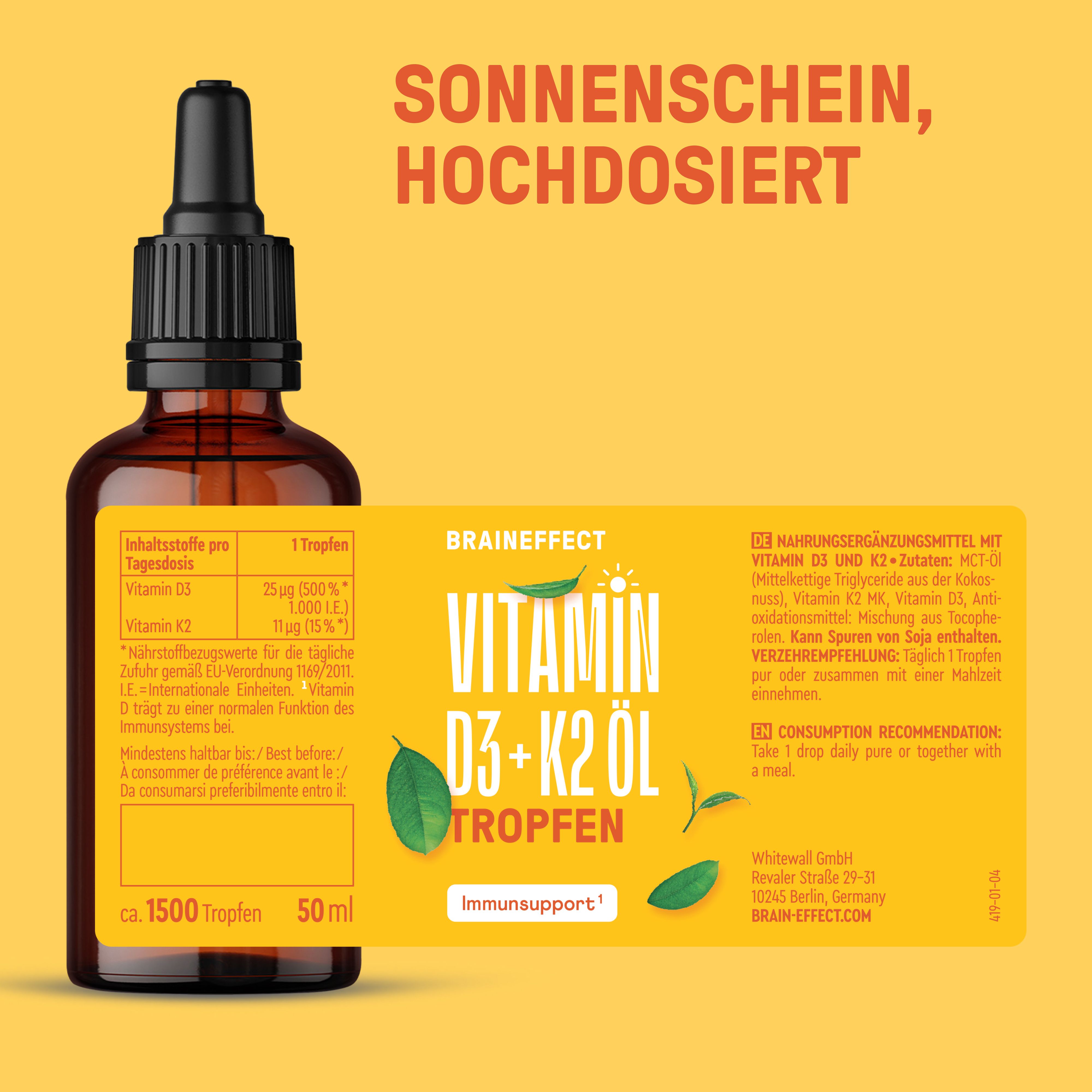Braune Flasche mit Tropfer und gelbem Etikett. Text: Vitamin D3+K2 Öl Tropfen. Inhaltsstoffe und Verzehrempfehlung. Marke: BRAINEFFECT.