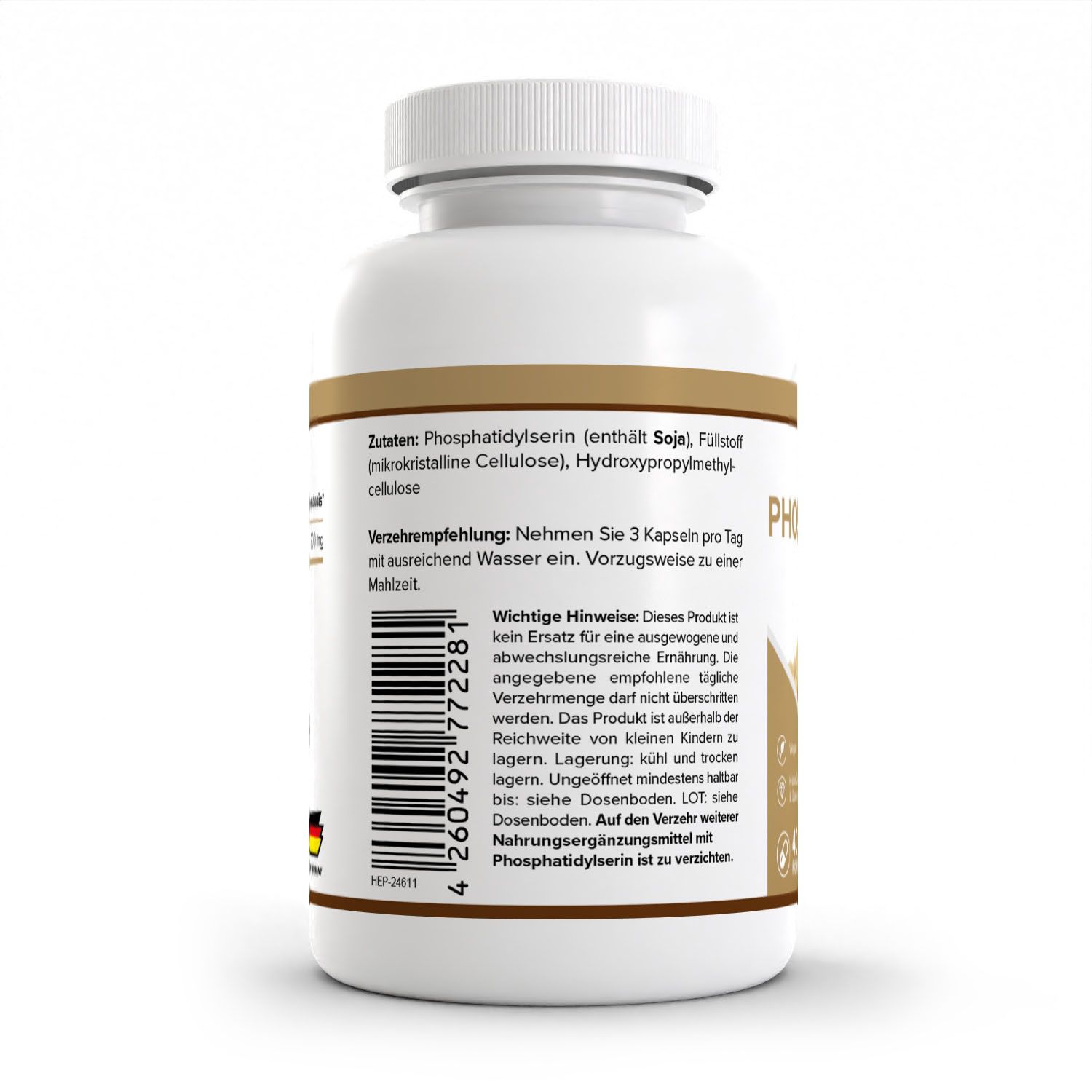 Rückseite des HEALTH+ Phosphatidylserin Behälters: Zeigt Inhaltsstoffe, Verzehrempfehlung und wichtige Hinweise.