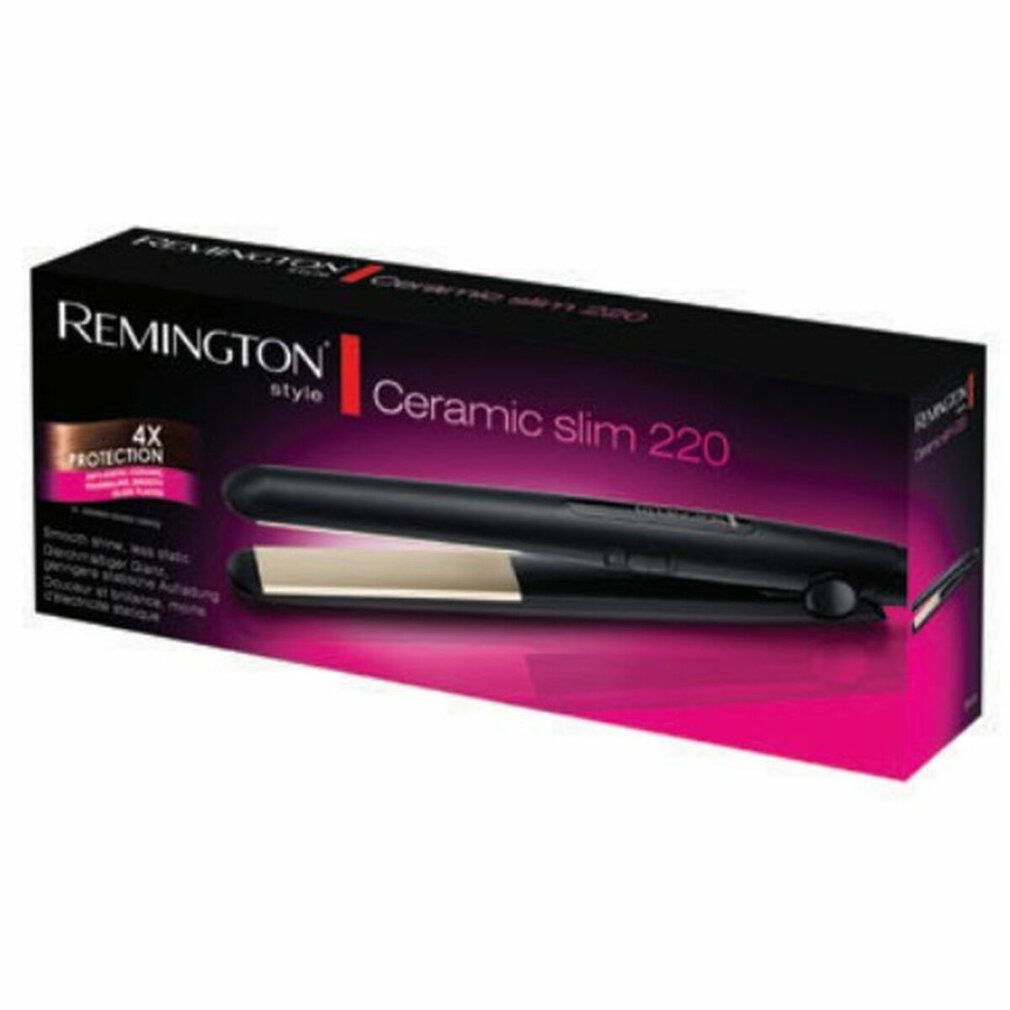 Verpackung mit Glätteisen. Schwarzes Glätteisen mit beigen Platten. Aufschrift Remington Ceramic Slim 220.