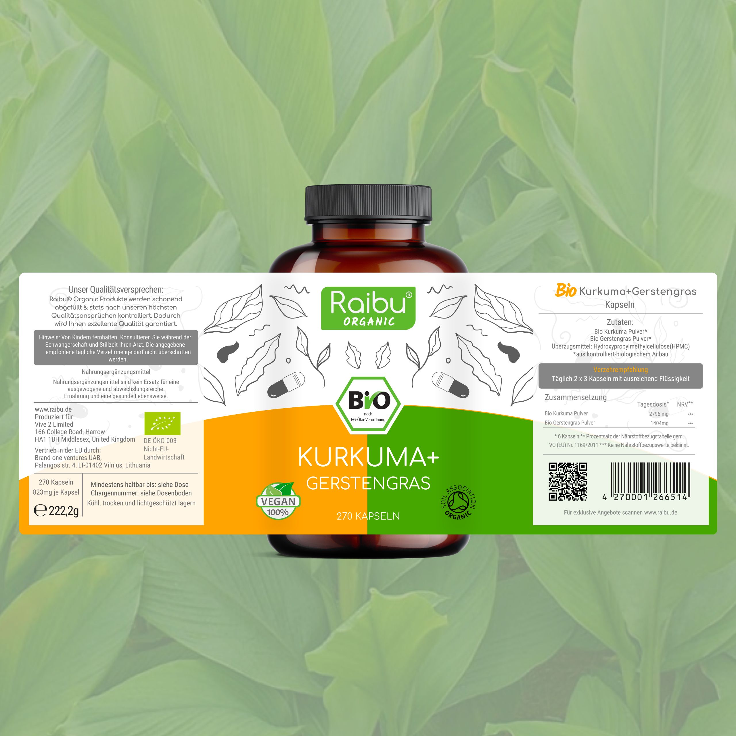 Etikett mit Produktinformationen. Aufschrift: Raibu Organic, Kurkuma+ Gerstengras, Bio-Zertifizierung, vegan, 270 Kapseln.