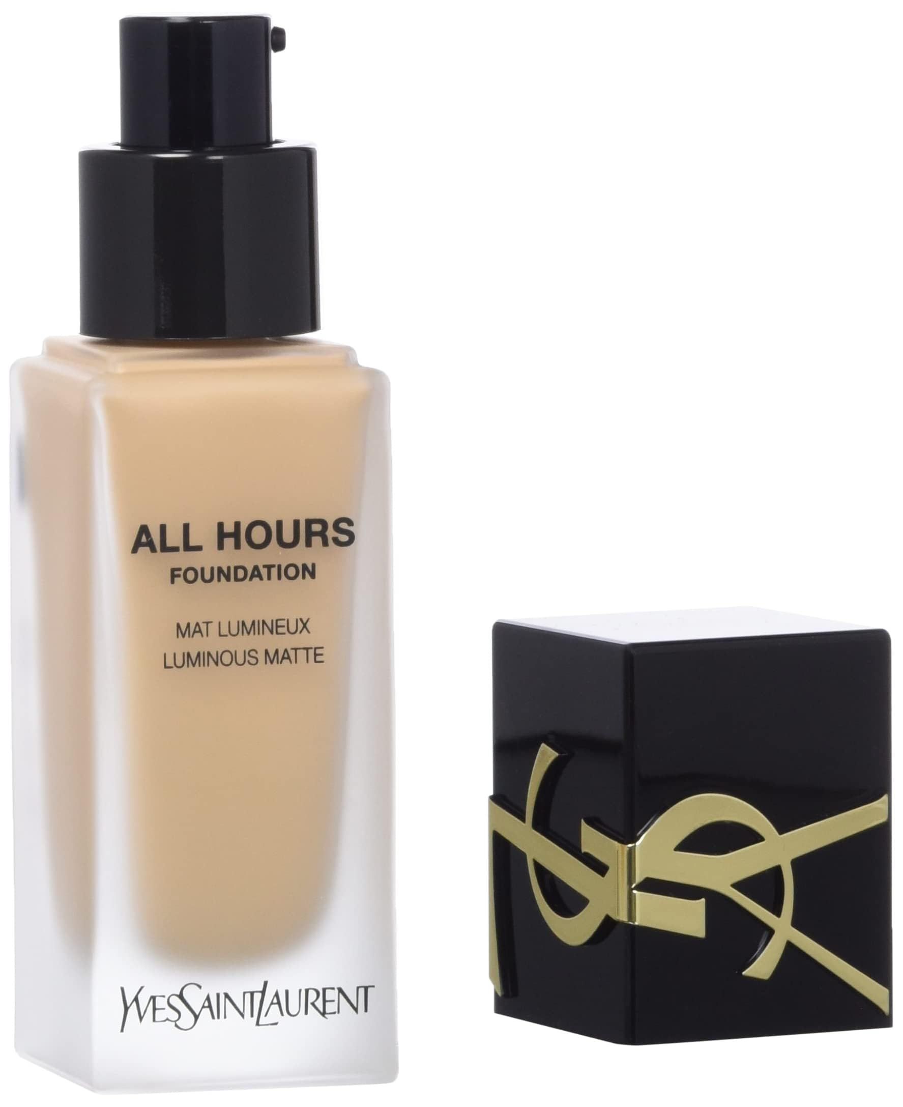 Yves Saint Laurent All Hours Foundation. Flakon mit schwarzem Deckel. Aufschrift: ALL HOURS, MAT LUMINEUX, LUMINOUS MATTE.
