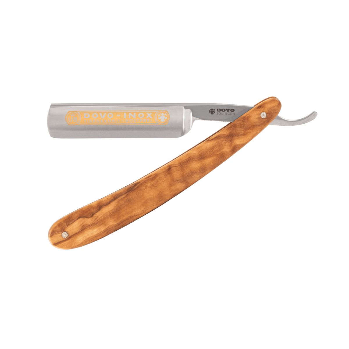 Rasierer mit Holzgriff und Metallklinge. Logo DOVO-INOX auf der Klinge. Draufsicht.