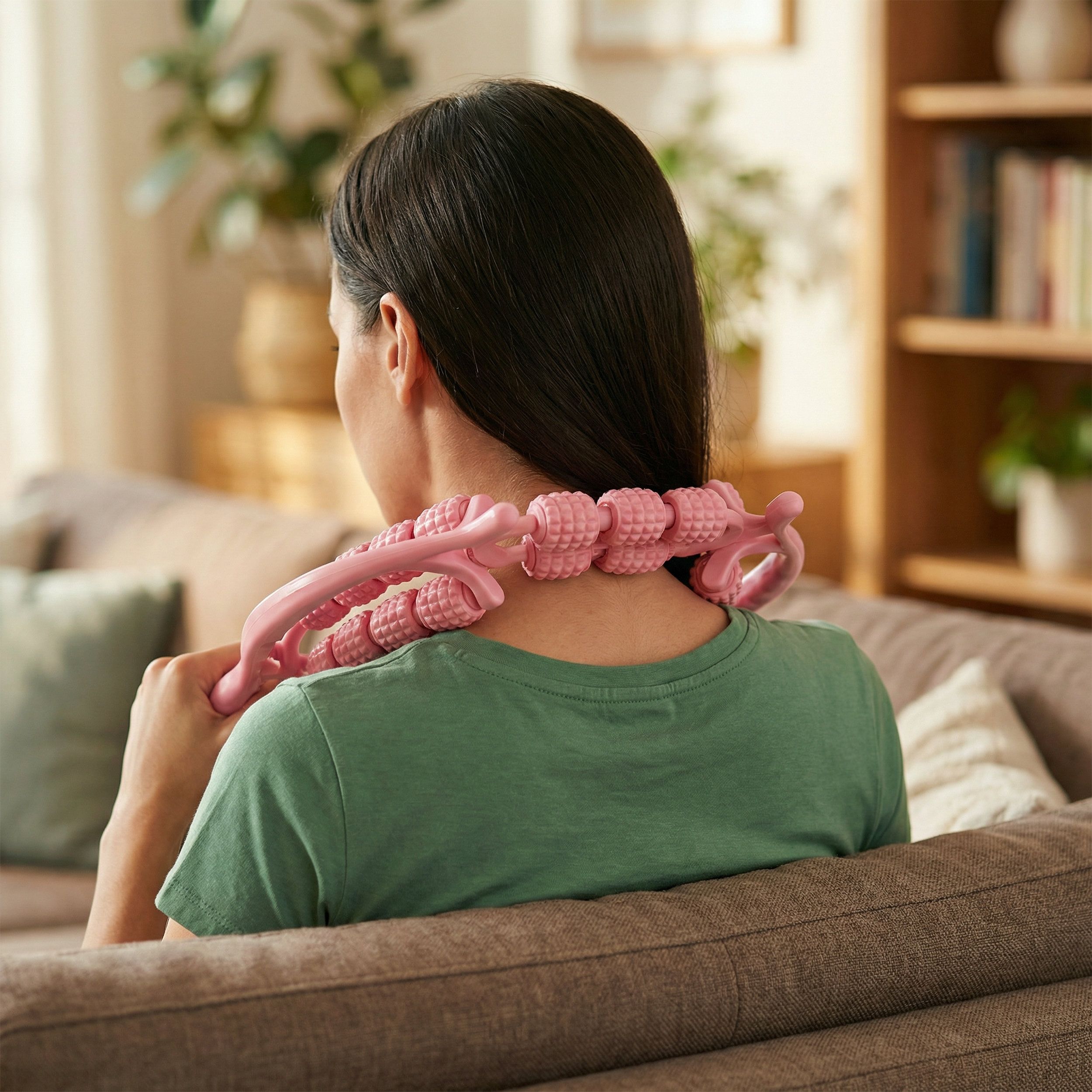 Rosa Massagerolle, Frau hält Gerät am Nacken. Rollen und Griff sichtbar. Frau sitzt auf Sofa.