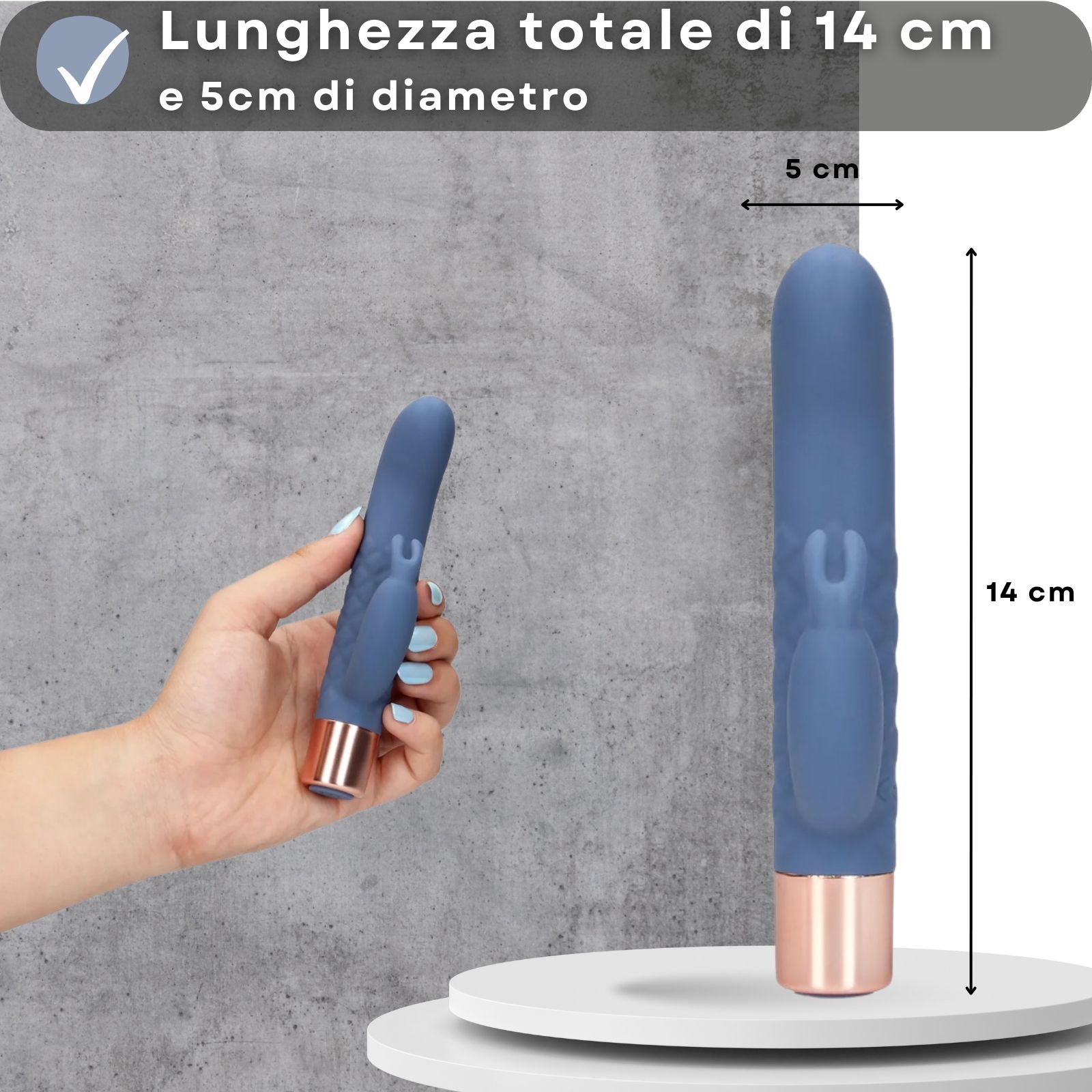 Vibratore blu con base oro rosa. Due vibratori, uno in mano, indicazione dimensioni.
