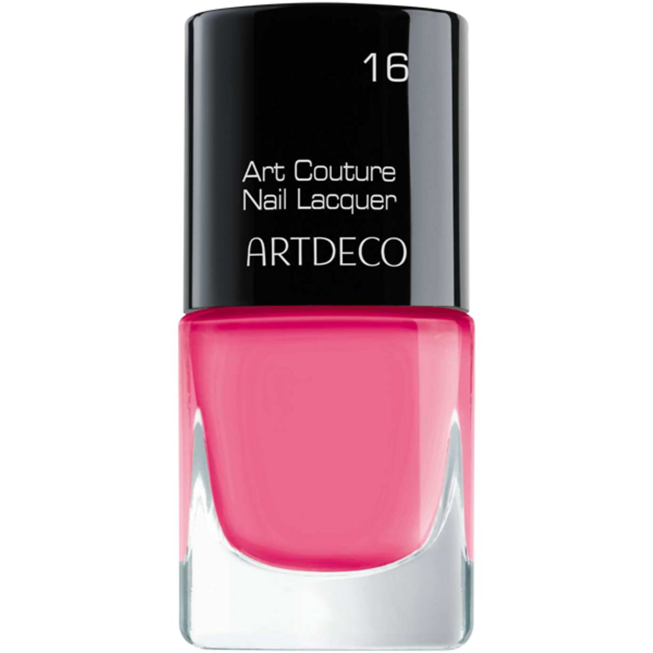 Nagellackflasche mit pinkfarbenem Inhalt. Schwarzer Deckel mit weißer Schrift: Art Couture Nail Lacquer, ARTDECO, Nummer 16.